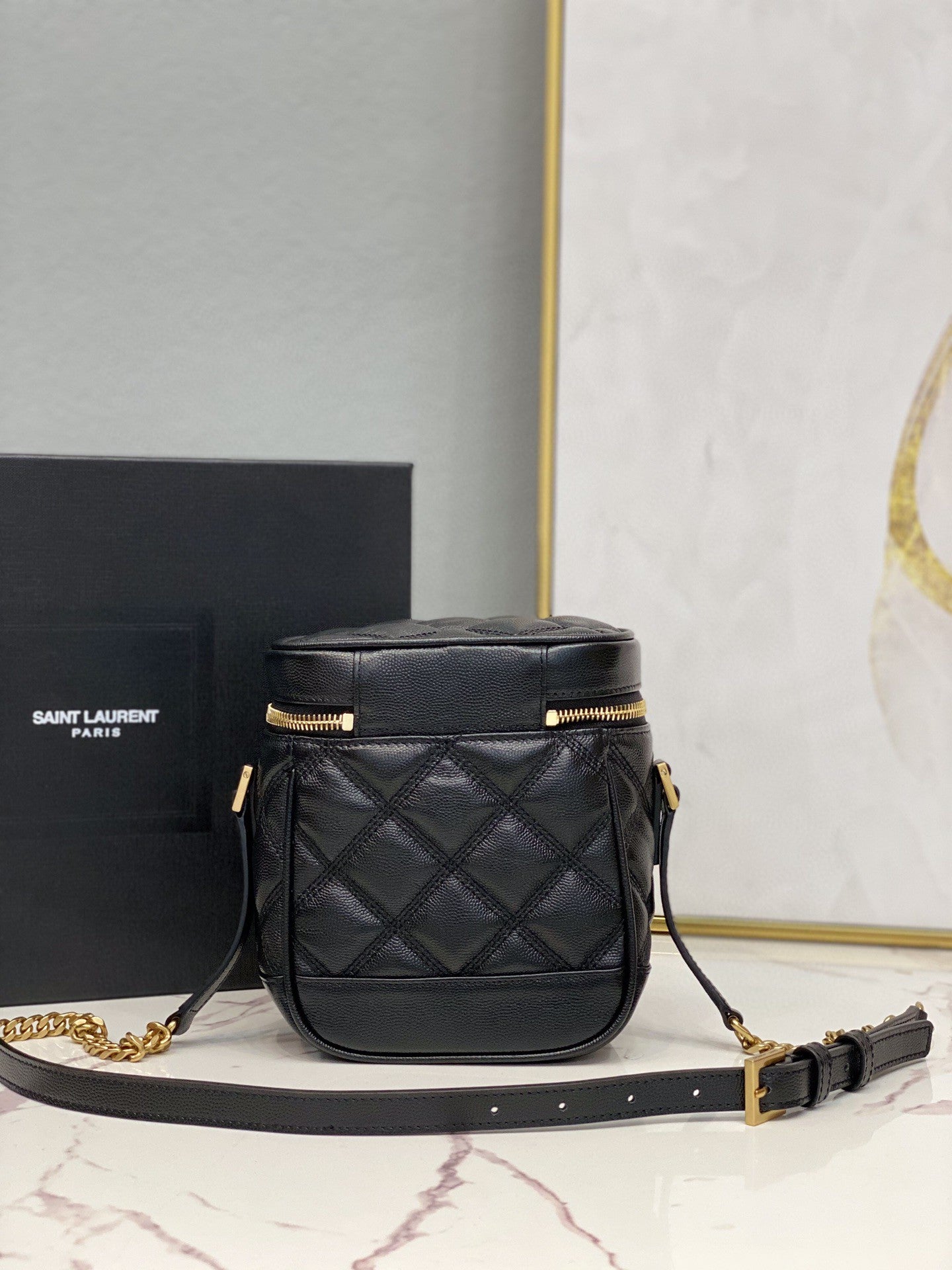 YSSL 80’s Vanity Bag In Carré-Quilted Grain De Poudre Black For Women 6.4in/16.5cm YSL 649779DME271000