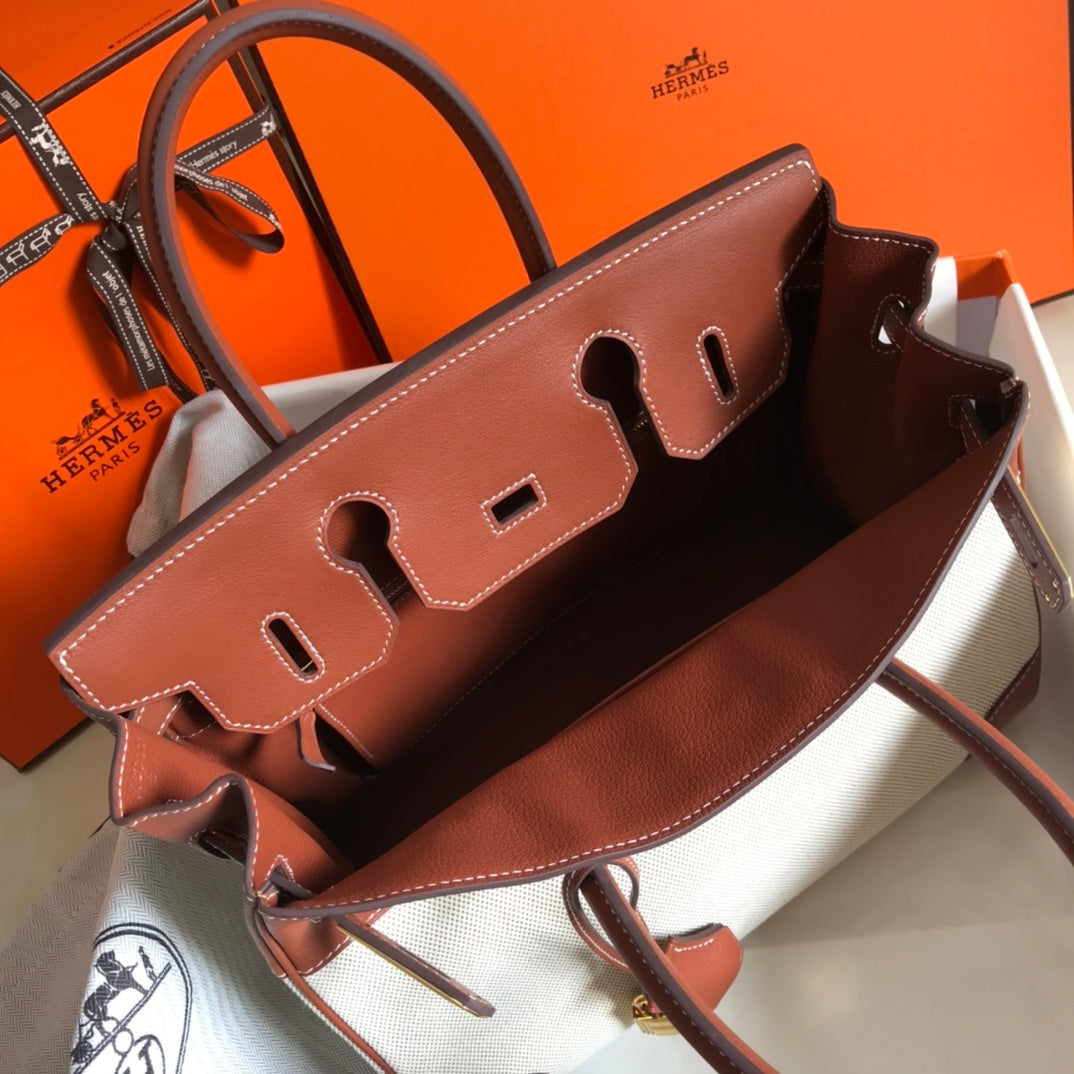 GLAMI Birkin Bag Toile and Brown Barenia with Gold Hardware For Women, Handbags, Shoulder Bags 30cm/12in