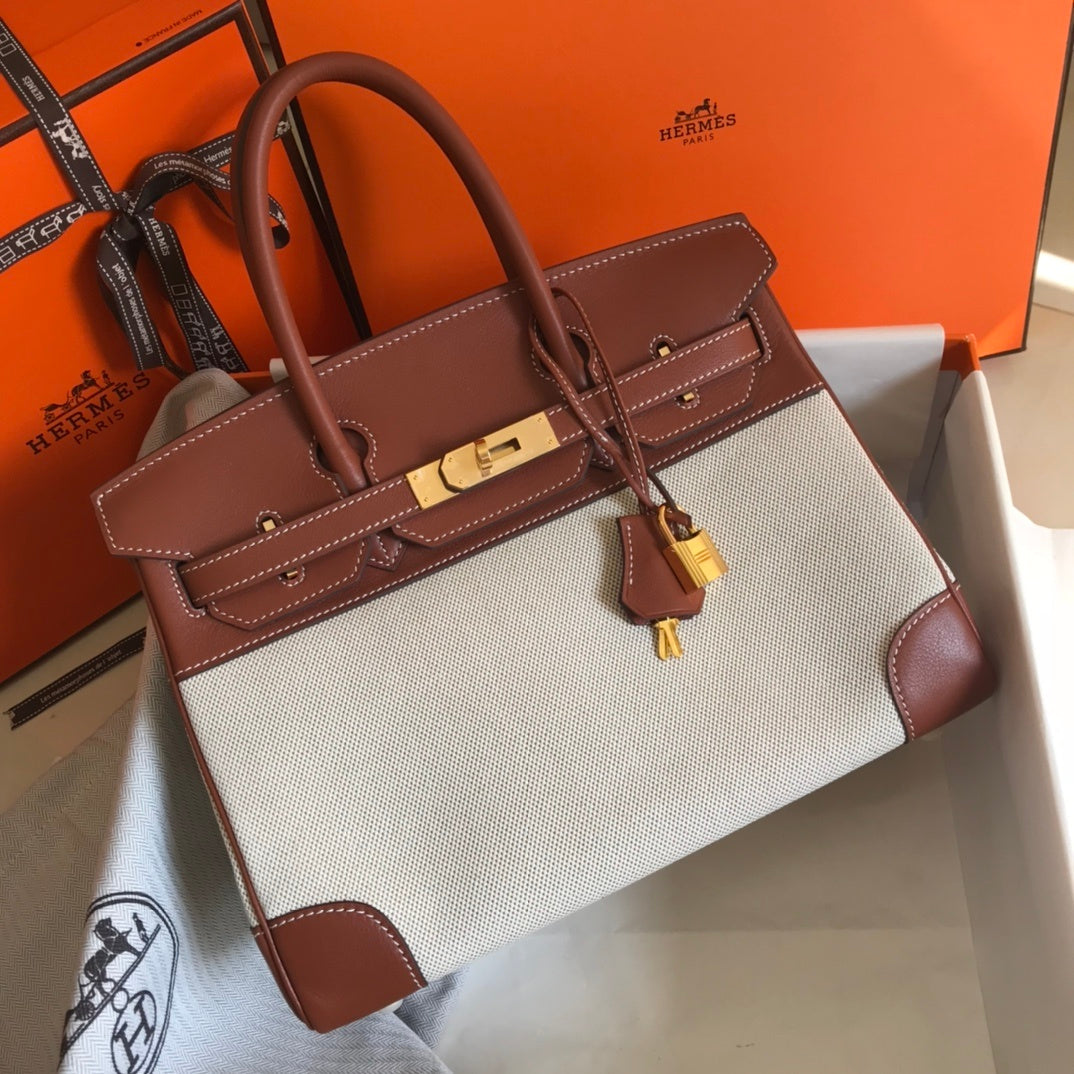 GLAMI Birkin Bag Toile and Brown Barenia with Gold Hardware For Women, Handbags, Shoulder Bags 30cm/12in