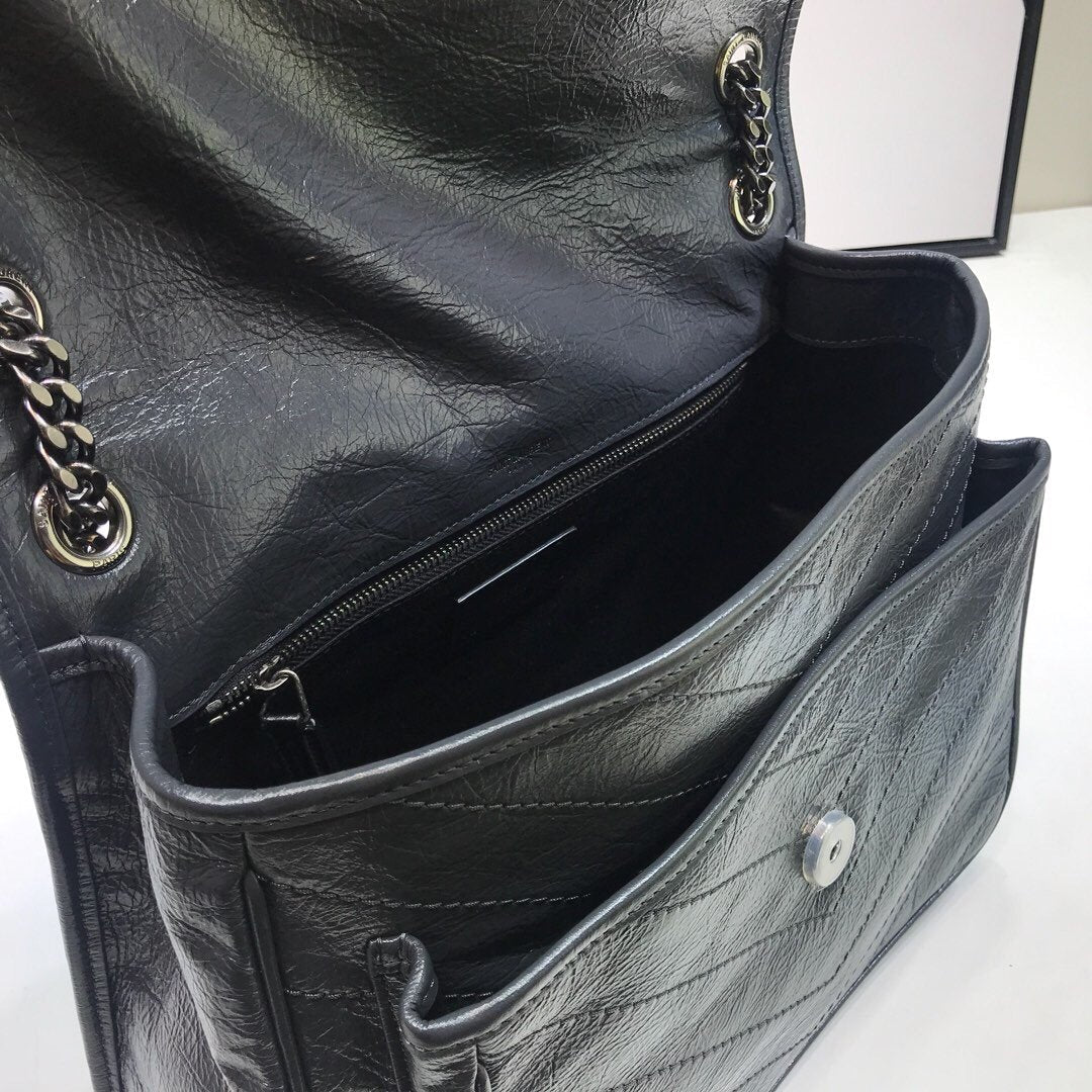 GLAMI Niki MeGLAMIum Chain Bag In Crinkled Vintage Grey For Women 11in/28cm YSL 6331580EN041112