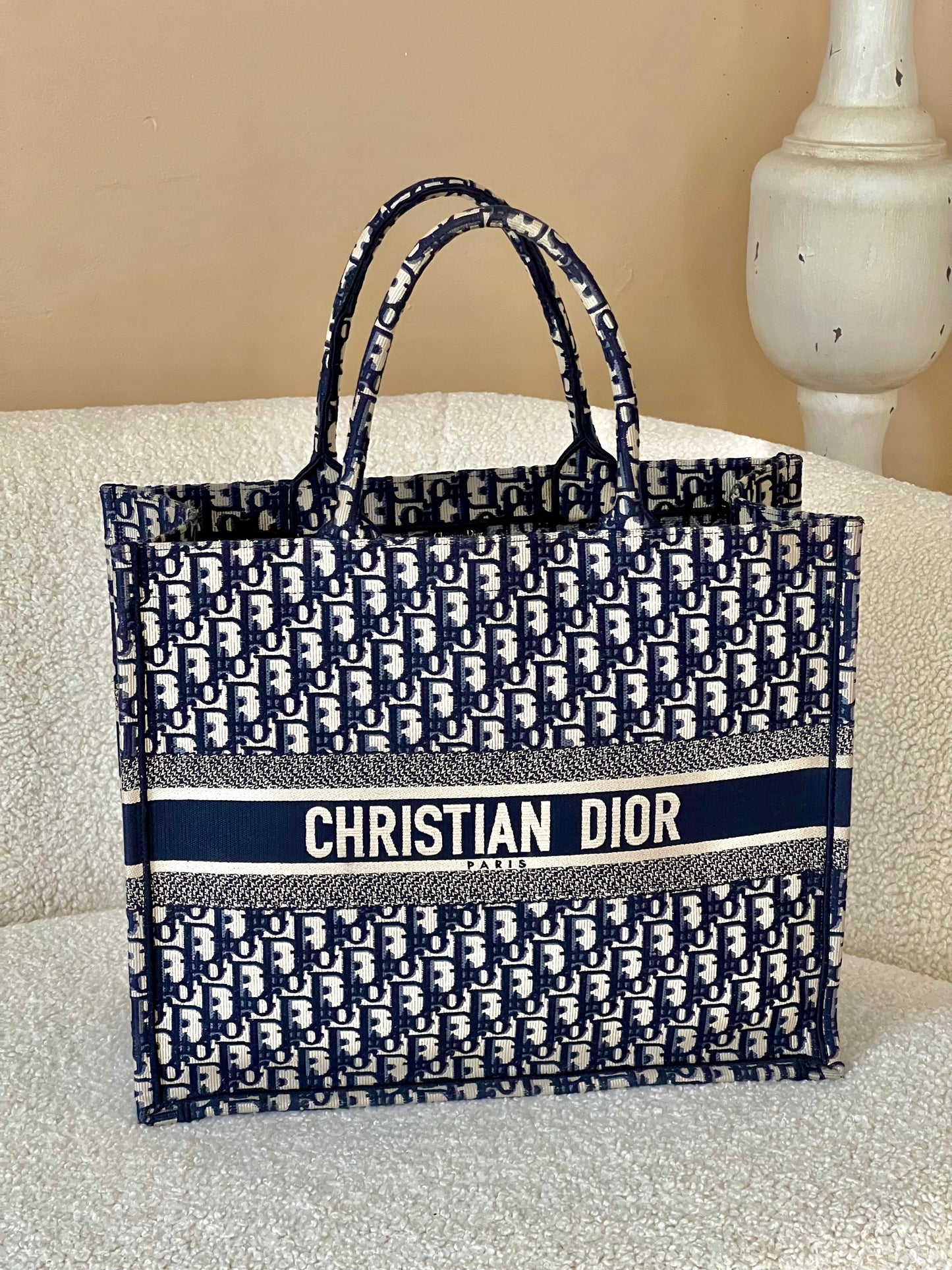 DIOR ECRU & BLUE OBLIQUE EMBROIDERY LARGE BOOK TOTE BAG