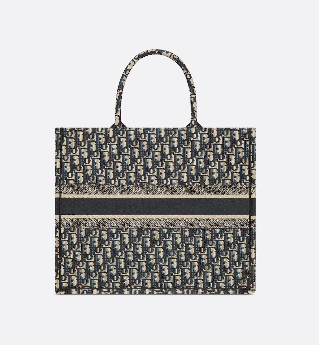 DIOR ECRU & BLUE OBLIQUE EMBROIDERY LARGE BOOK TOTE BAG
