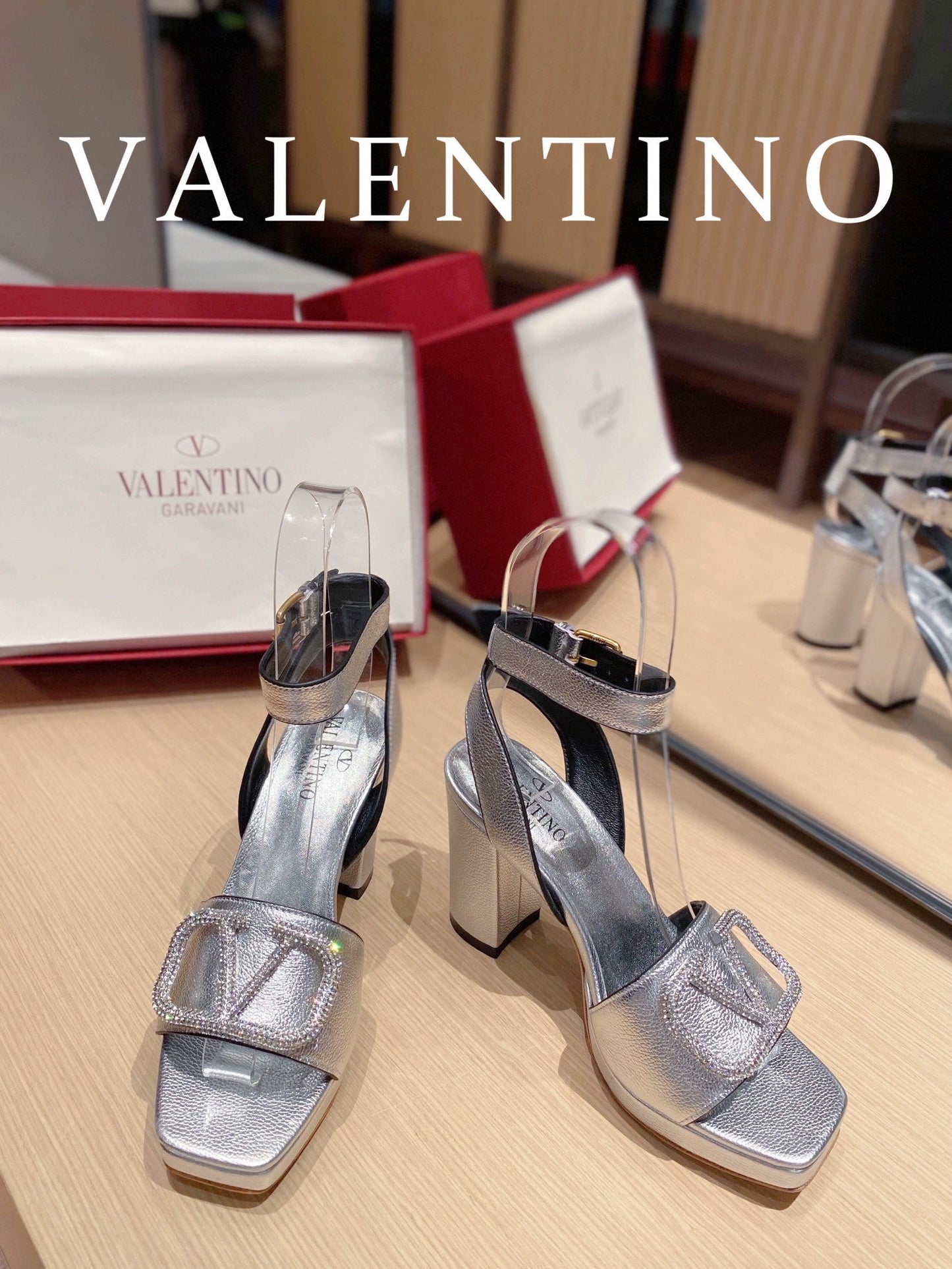 Valentino Garavani Strap Heeled Sandals With V Logo Crystal EmbellisGLAMIent Silver For Women