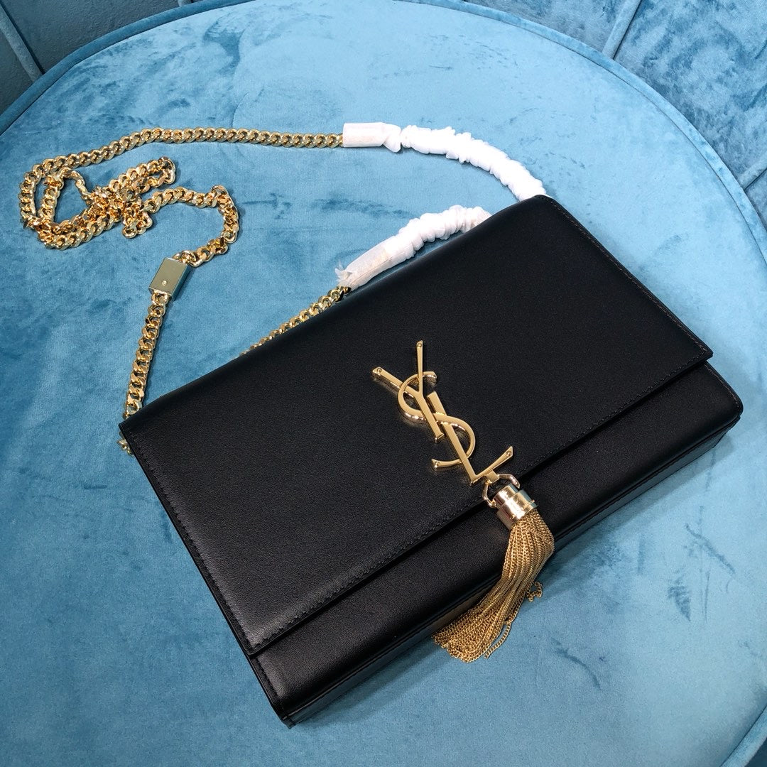 GLAMI Kate MeGLAMIum Chain Bag With Tassel In Grain De Poudre Black For Women 9.4in/24cm YSL 354119BOW0J1000