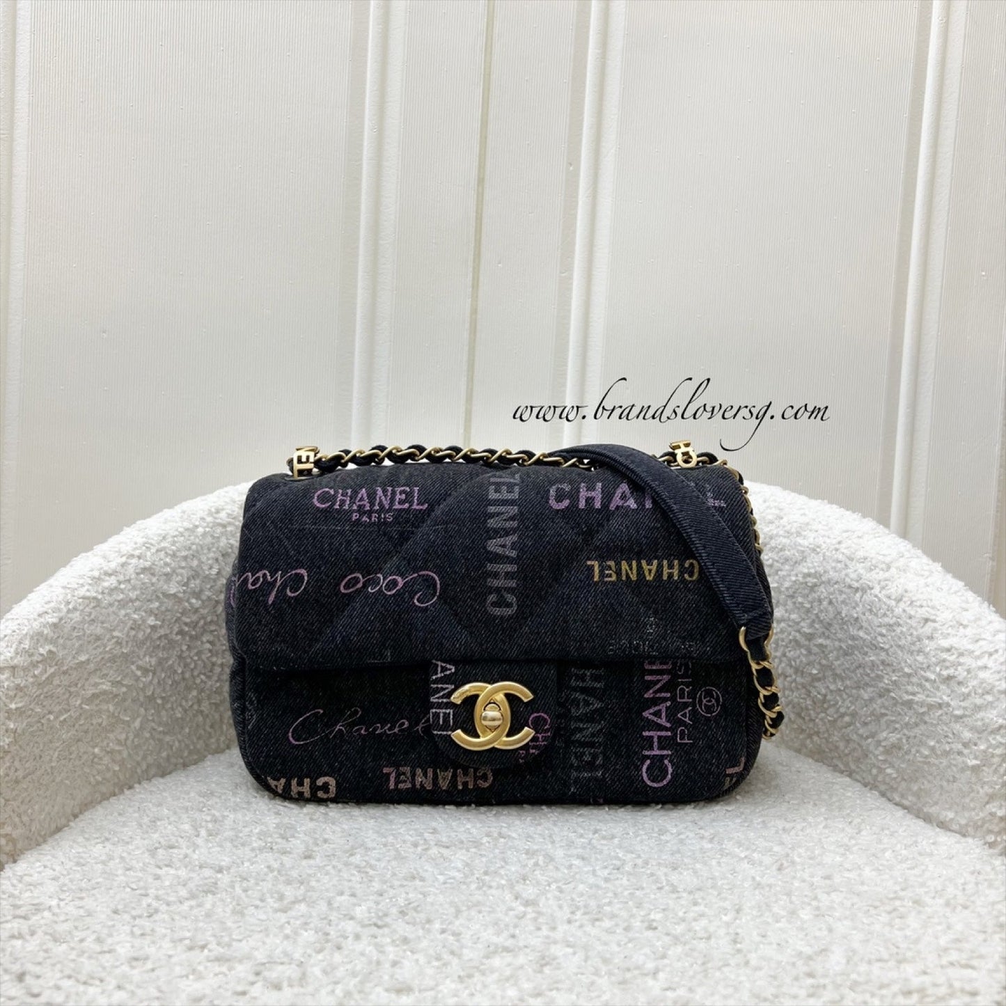 GLM-22P Denim Mood Small Flap Bag in Black Printed Denim and AGHW