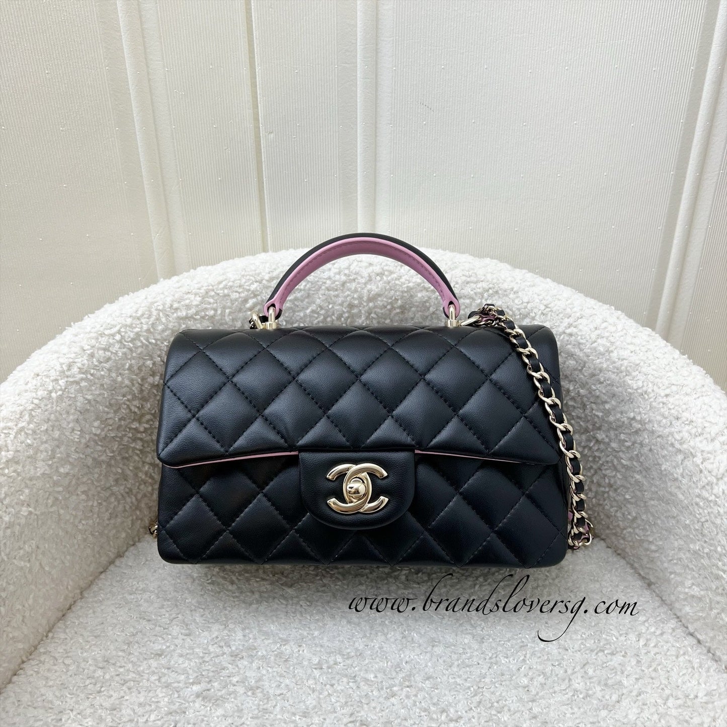 GLM-23P Top Handle Mini Rectangular Flap in Black and Pink Lambskin LGHW (Model: AS2431)
