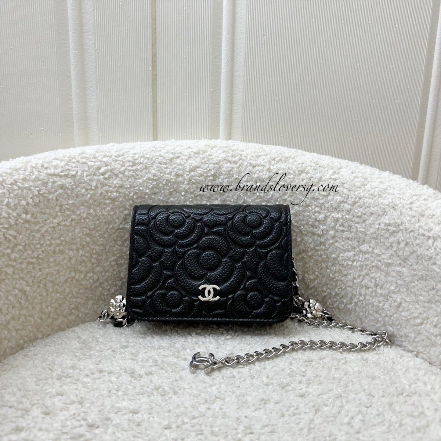 GLM-20K Camellia Micro Flap / Clutch on Chain Belt Bag in Black Caviar and SHW