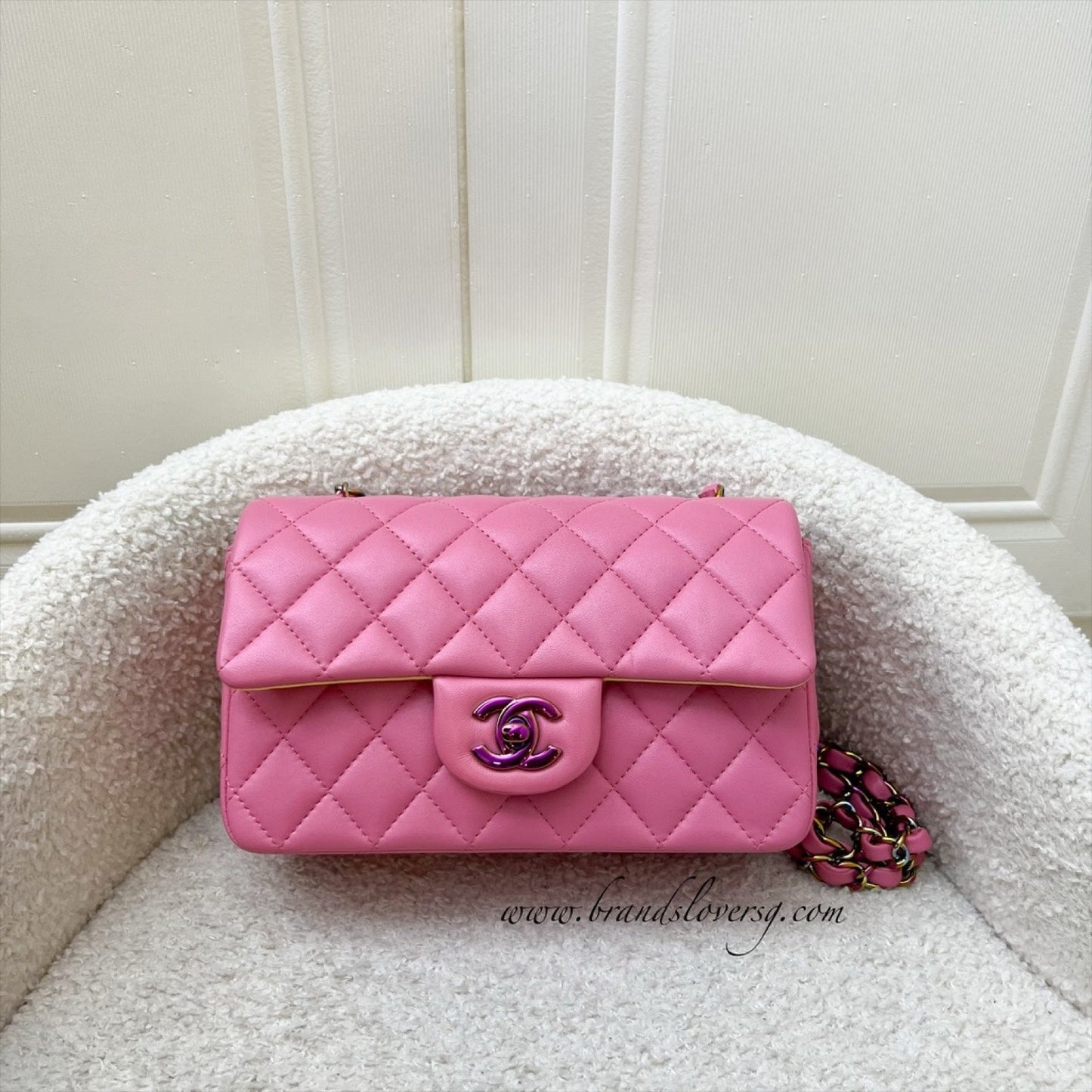 GLM-Classic Mini Rectangle Flap in 21P Pink / Yellow Lambskin and Rainbow HW
