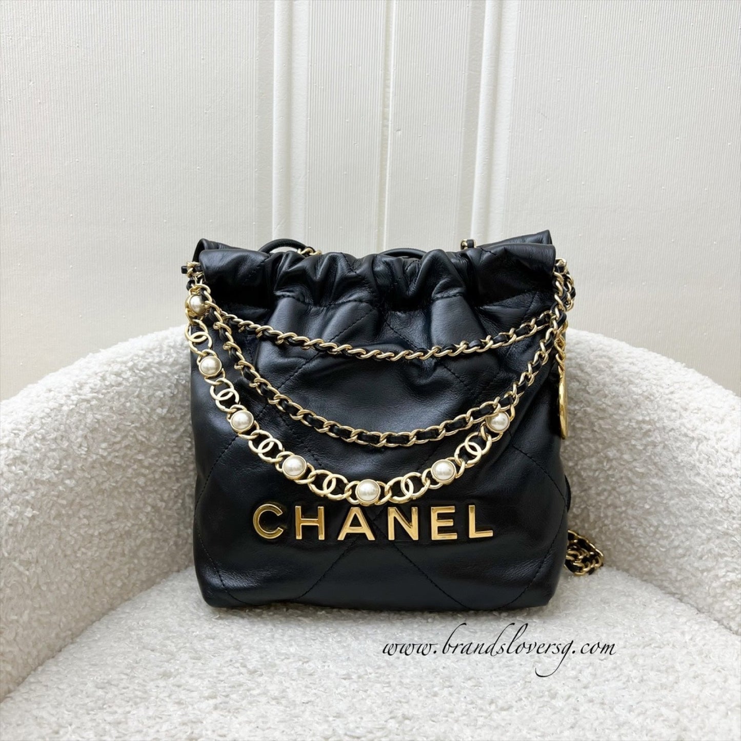 GLM-22 Mini Hobo Handbag with GLM- Pearl Chain in Black Shiny Calfskin and GHW (Detachable chain) (Model: AS3980)