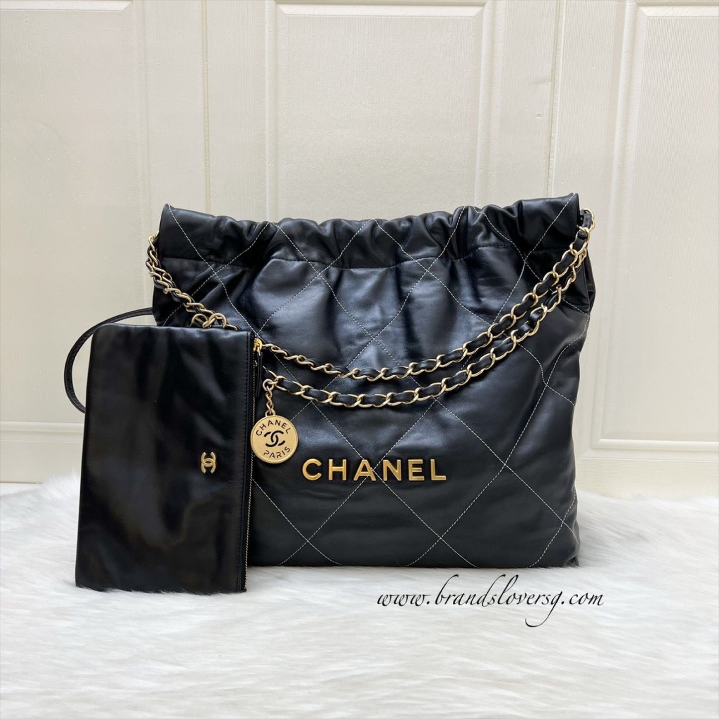 GLM-22 Medium Hobo Handbag in Black Calfskin with White Stitch Quilting and AGHW (Model: AS3261)