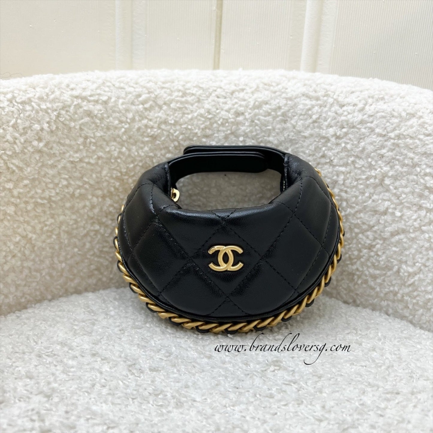 GLM-25A Fortune Cookie Mini Pouch / Bag Charm in Black Shiny Crumpled Lambskin and AGHW