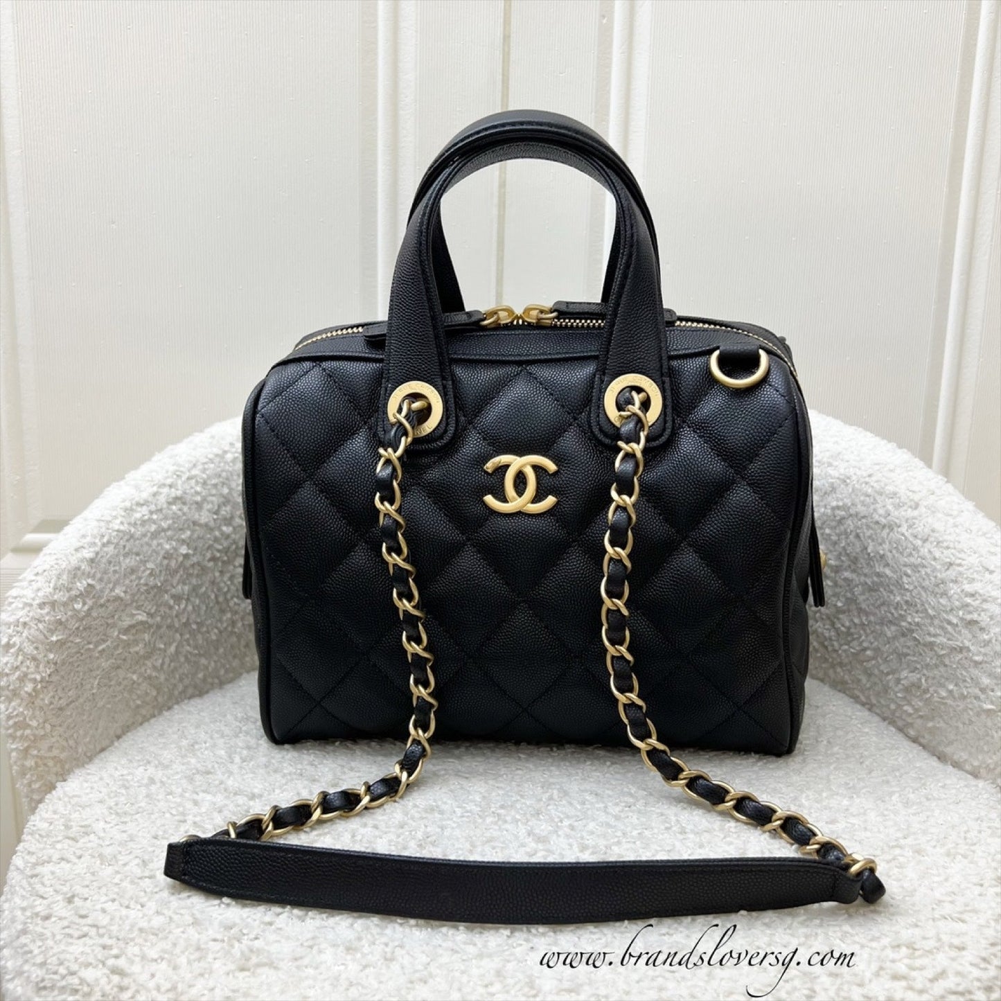 GLM-25A Small Bowling Bag in Black Caviar and AGHW (Model: AS5578)