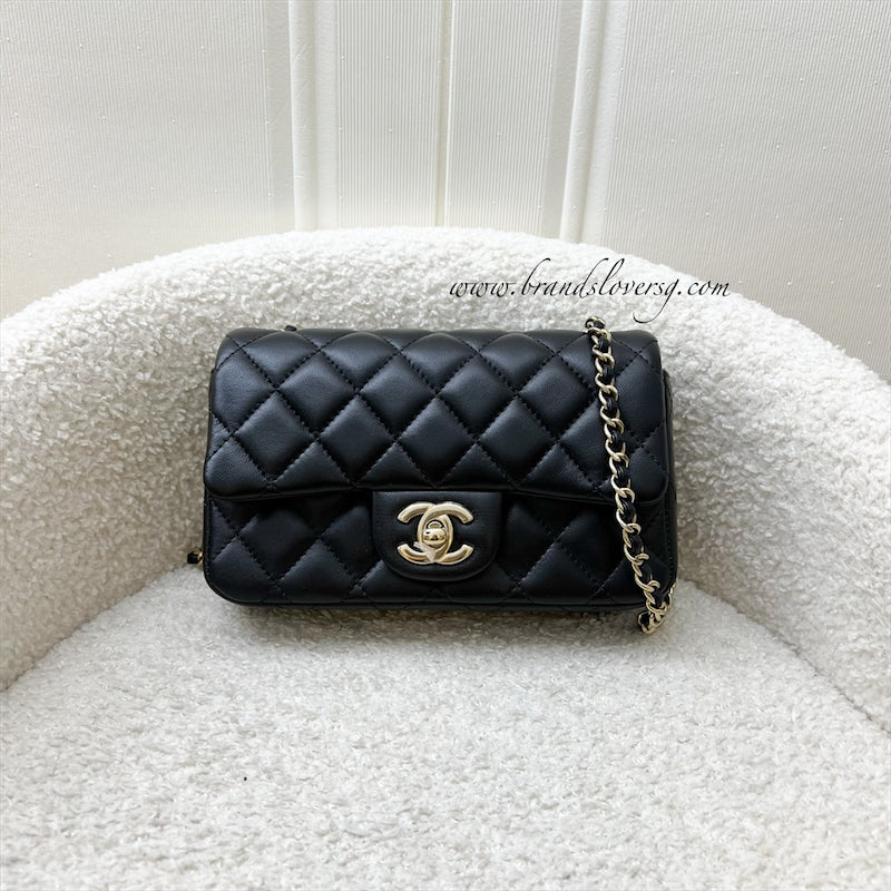 GLM-24K Extra Mini Rectangle Classic Flap in Black Lambskin and GHW (Model: AS5219)