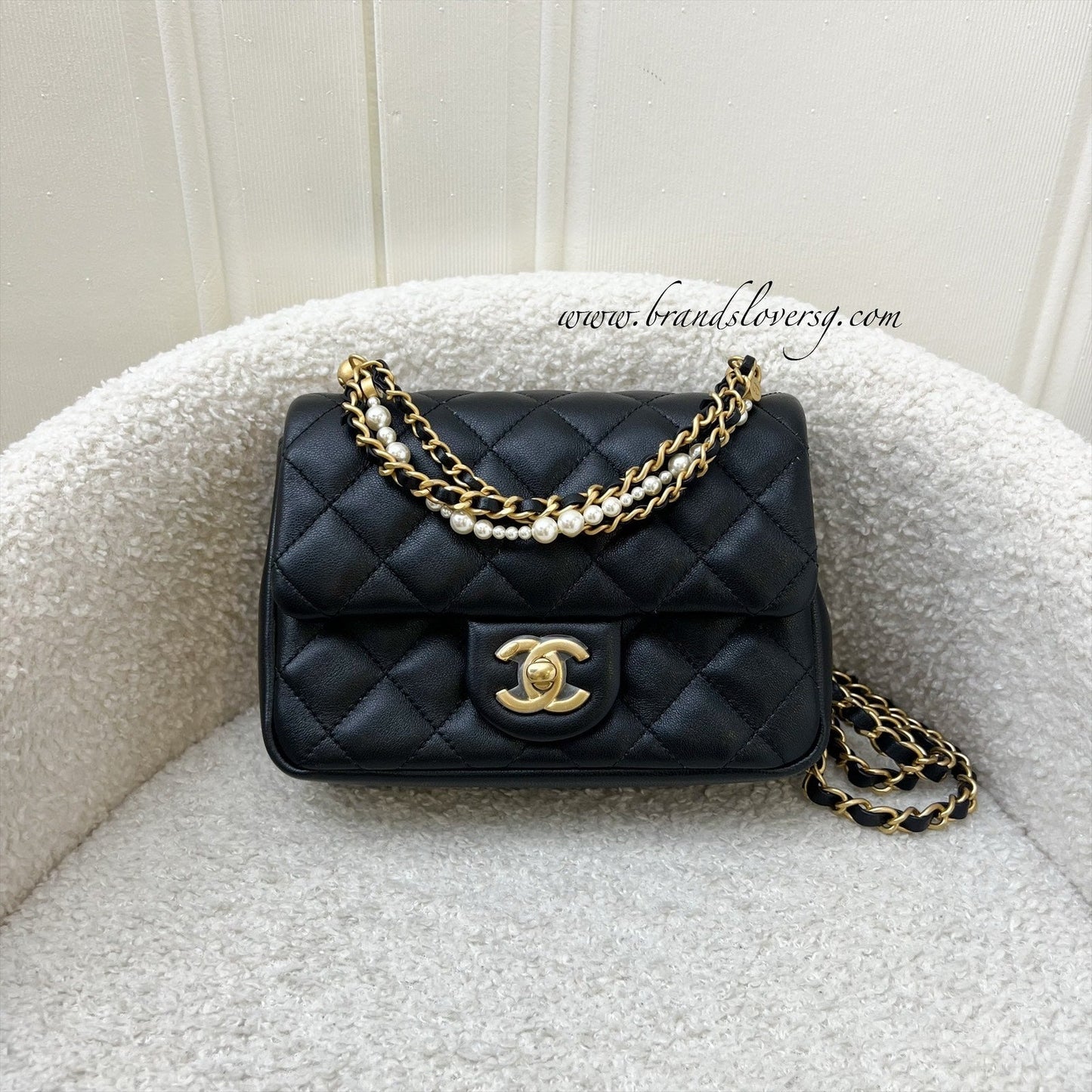GLM-24P Pearl Twist Chain Square Mini Flap Bag in Black Lambskin and AGHW (Model: AS4385)