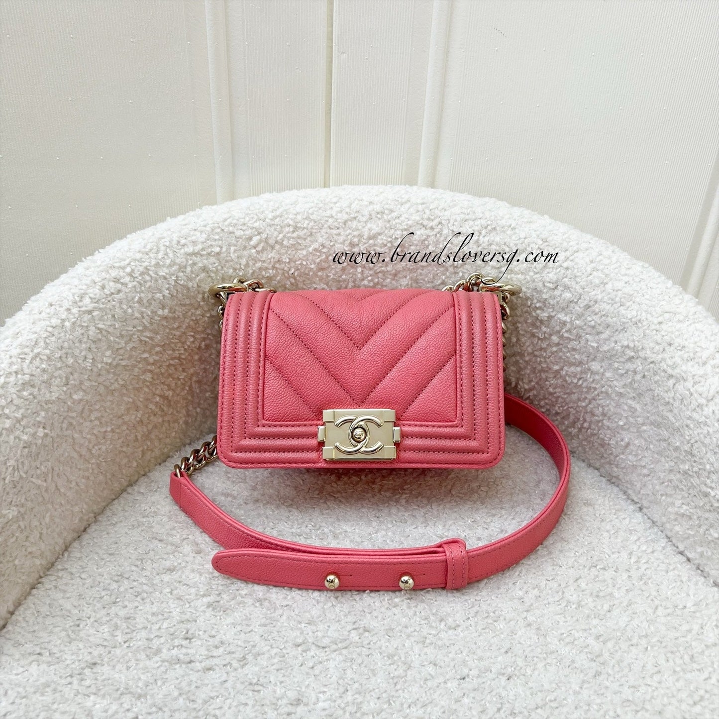 GLM-22S Micro Boy in Chevron Coral Pink Caviar and Shiny GHW (Model: A67364)