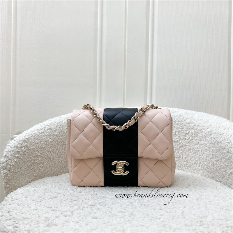 GLM-Classic Square Mini Flap in Bicolor Beige and Black Lambskin and LGHW