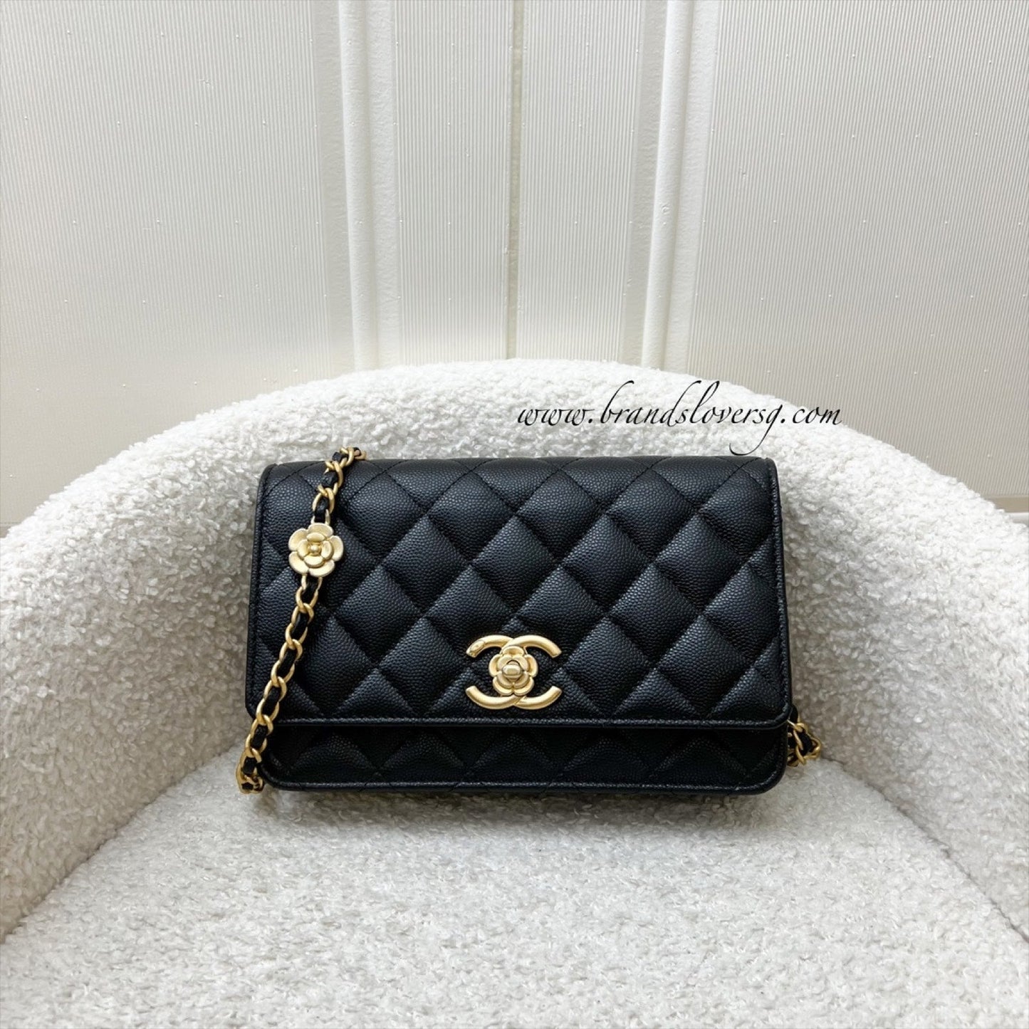 GLM-23K Camellia Flower Wallet on Chain WOC in Black Caviar and AGHW (AP3580)