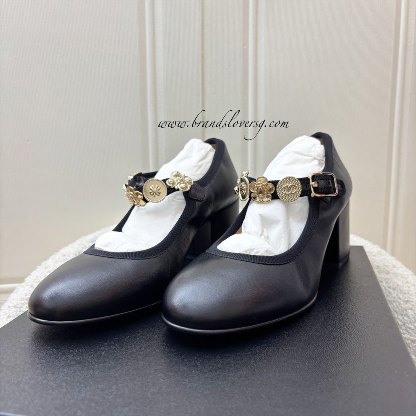 GLM-24A Mary Janes with Gold Charms and Buckle in Black Lambskin and AGHW Sz 37.5