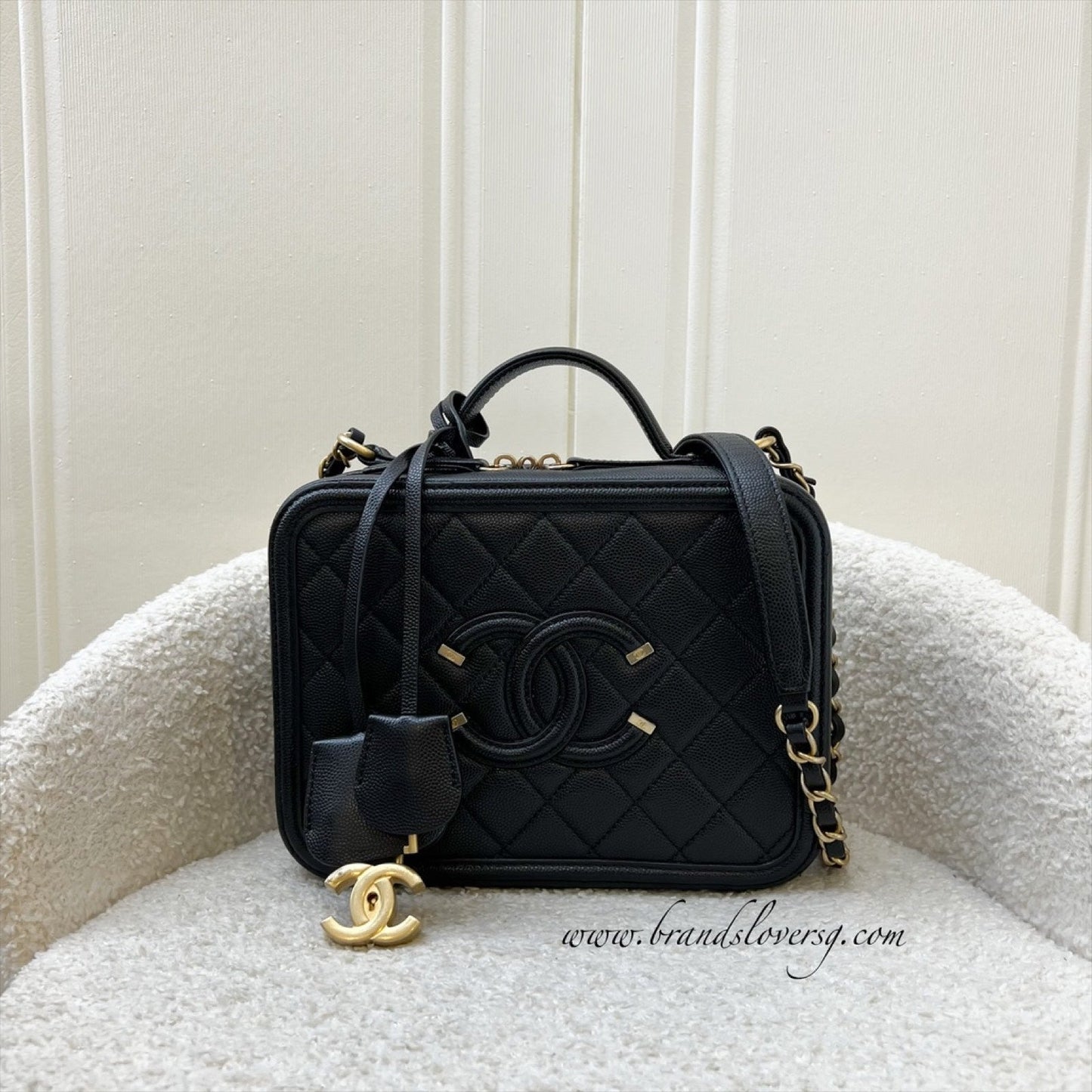GLM-Medium Filigree Vanity Bag in Black Caviar, Black Trim and AGHW (Model: A93343)