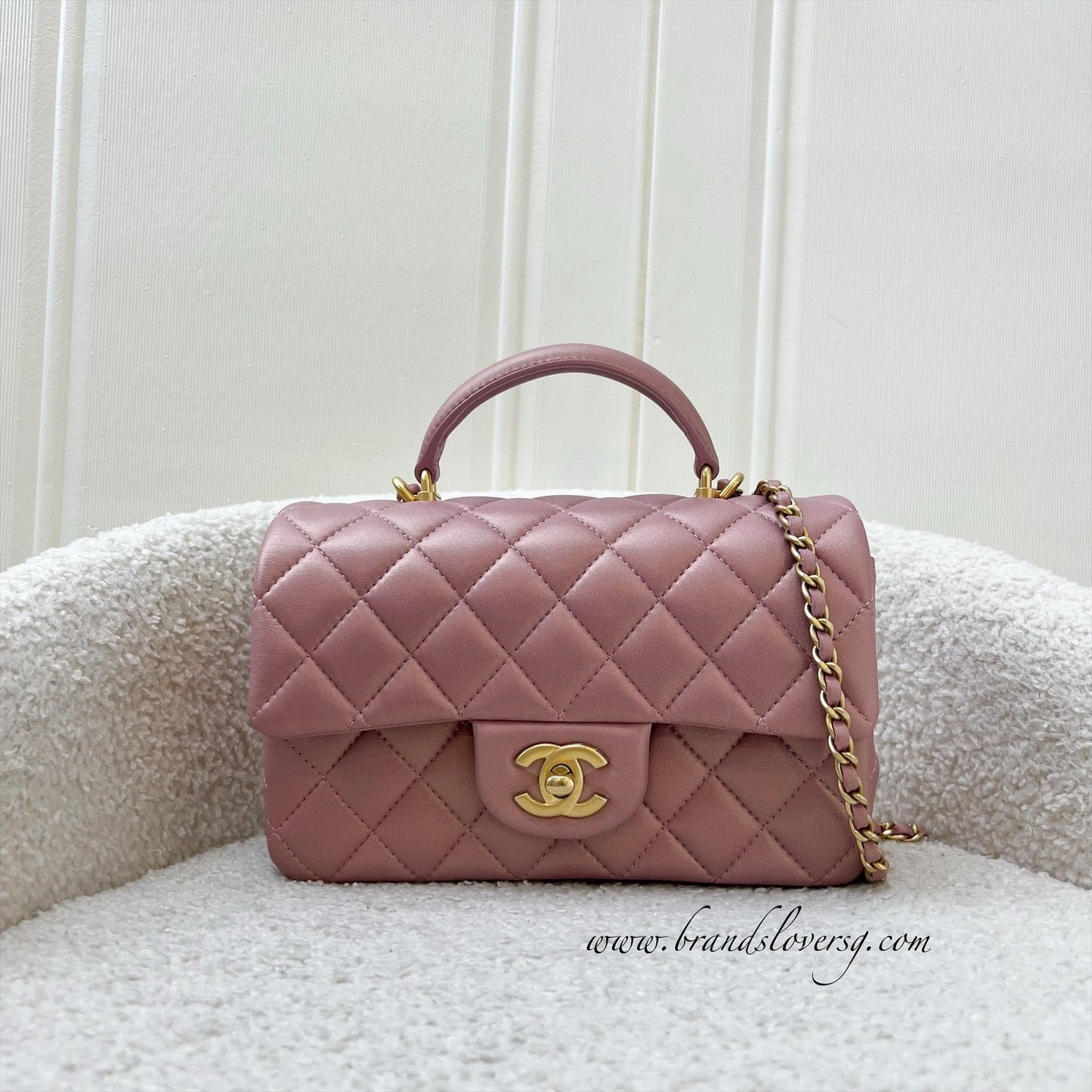 GLM-Top Handle Mini Rectangle Flap in Pink Lambskin AGHW
