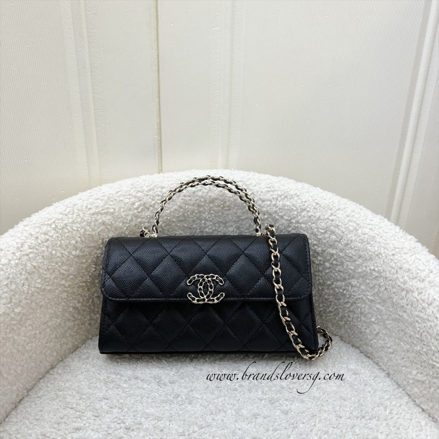 GLM-25S Top Handle Kelly Clutch with Chain in Black Caviar and GHW