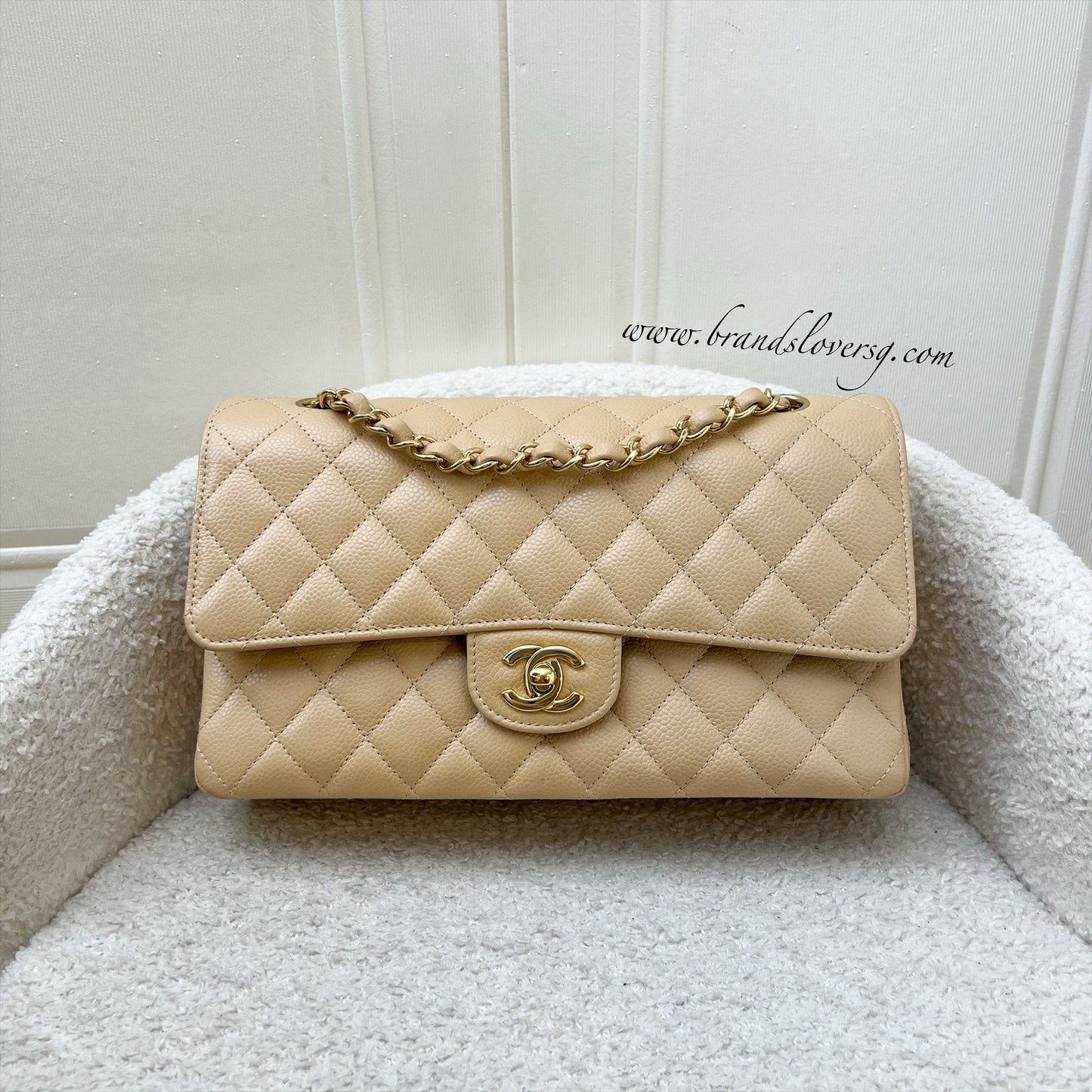 GLM-Medium Classic Flap CF in Beige Caviar and GHW (Model: A01112)