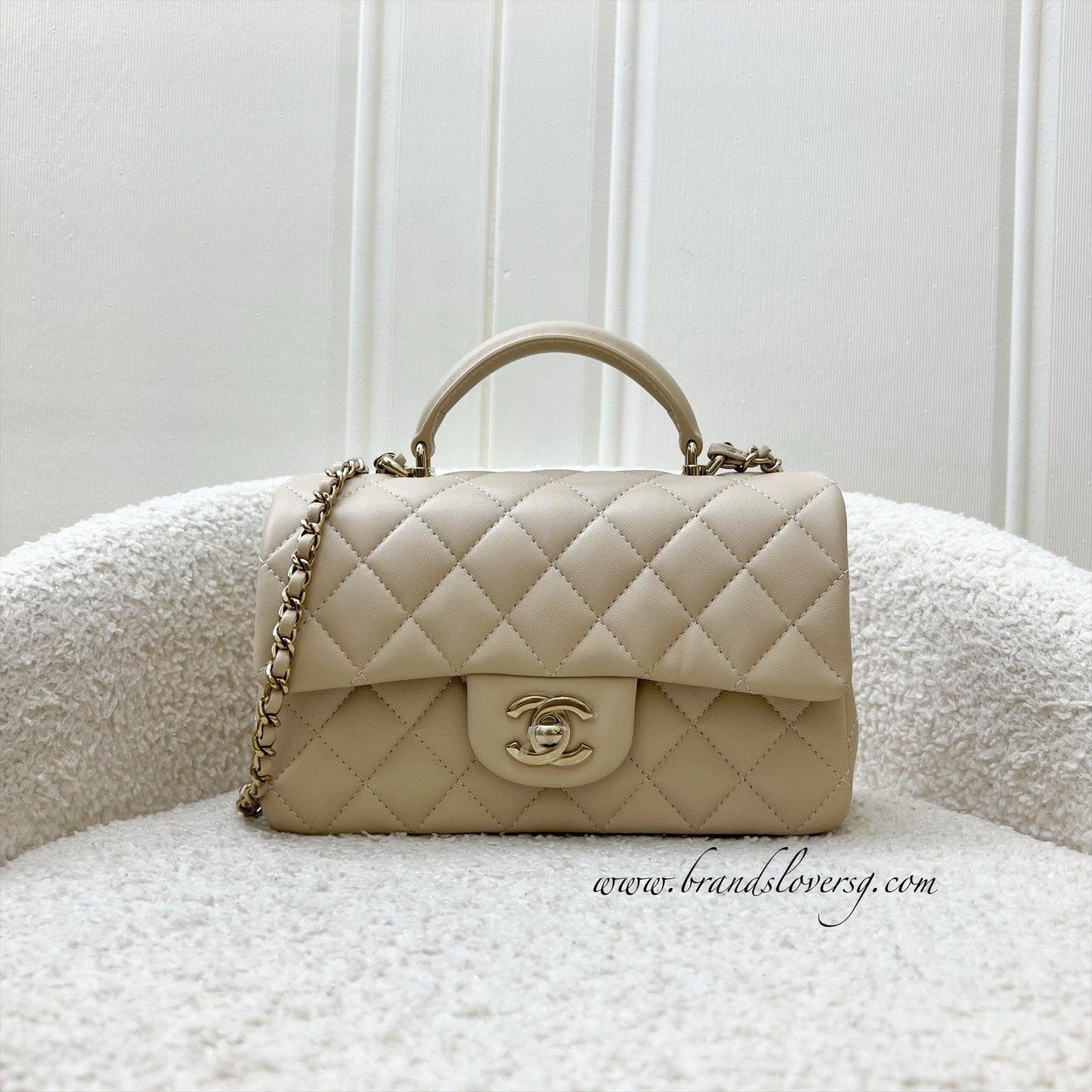 GLM-Top Handle Mini Rectangle Flap in 25P Beige Lambskin and LGHW