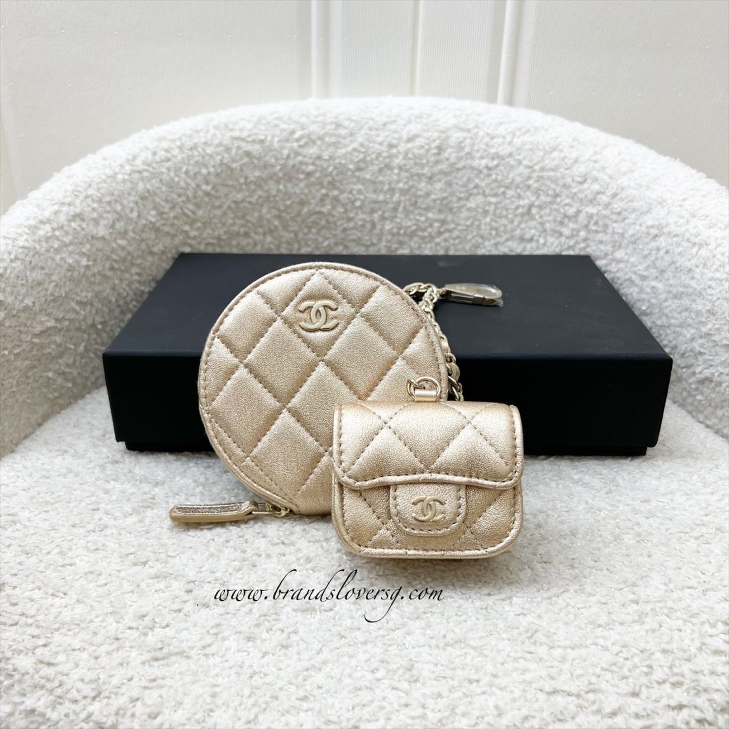 GLM-2024 VIP Gift Round Pouch and Airpods Holder Bag Charm in Metallic Gold Lambskin and LGHW