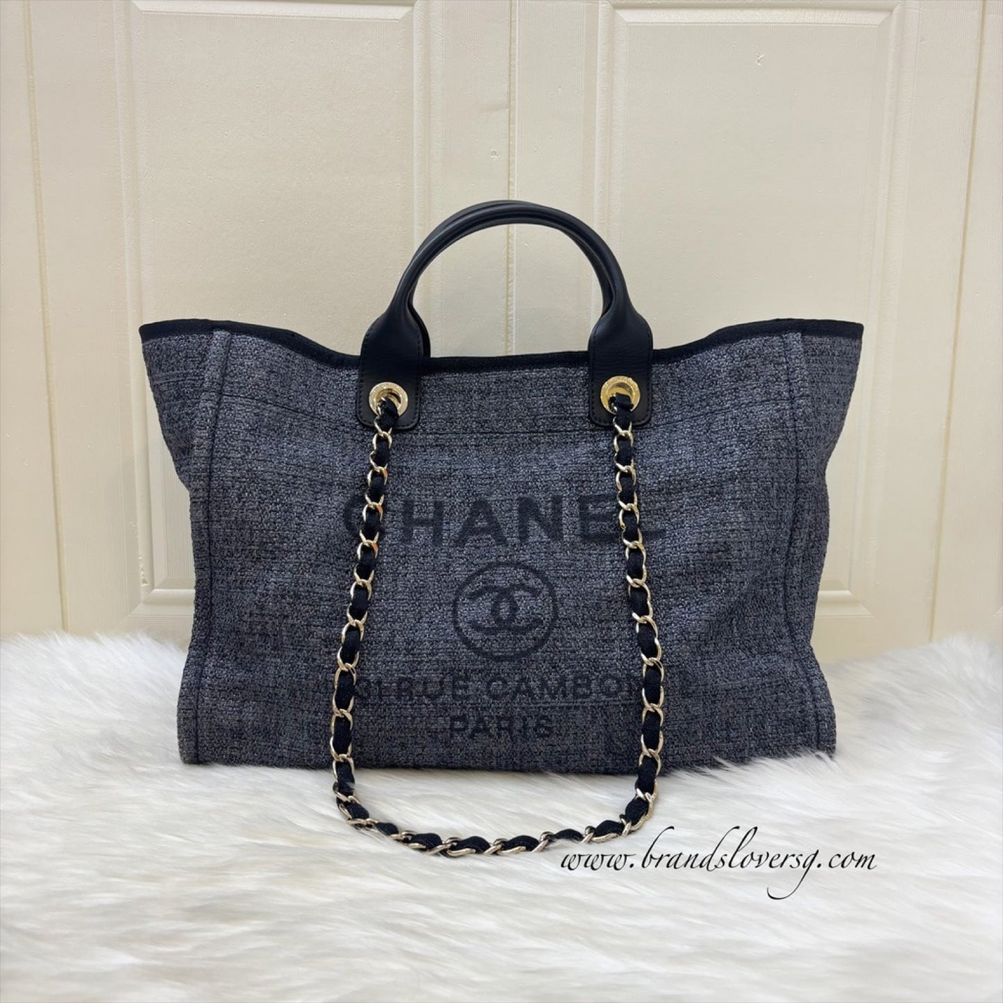 GLM-Medium / Large Deauville Tote in Navy Cotton, Nylon, Lurex, Calfskin and LGHW (Model: A66941)