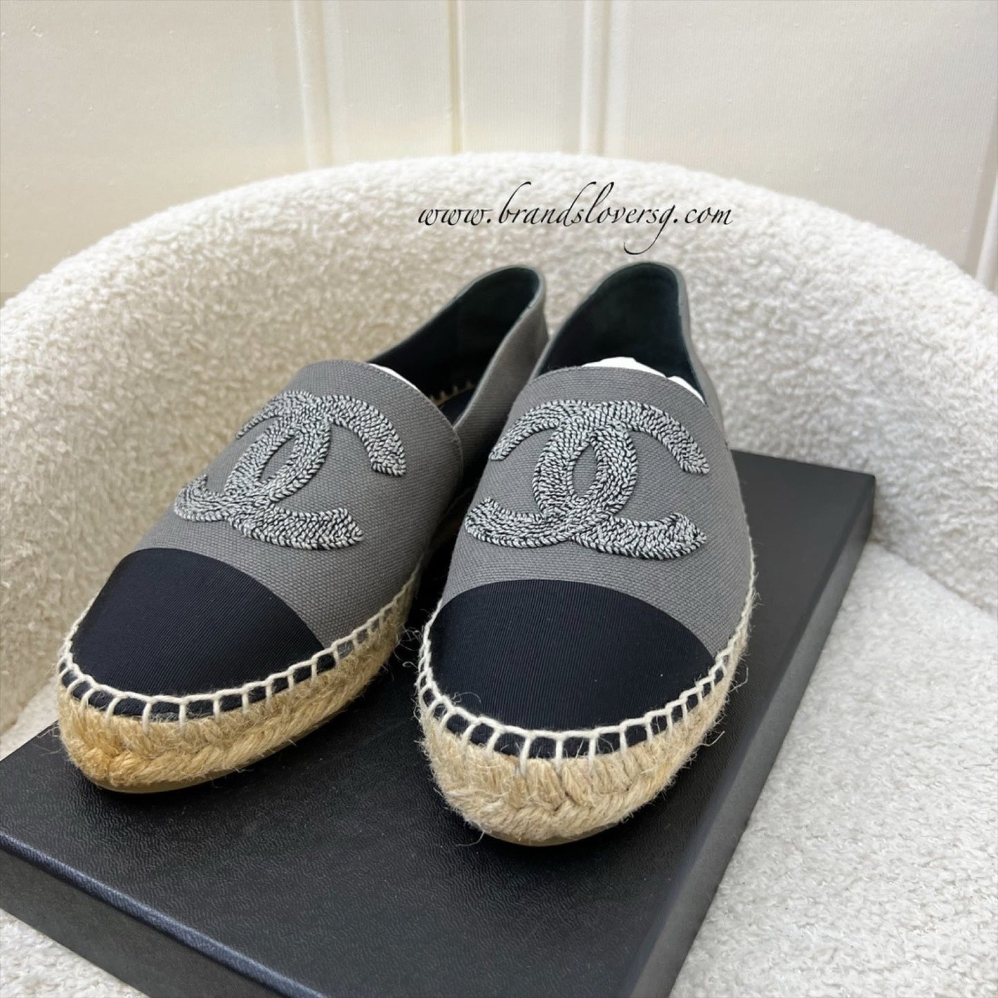 GLM-Espadrilles in Grey Canvas and Black Gosgrain Sz 37