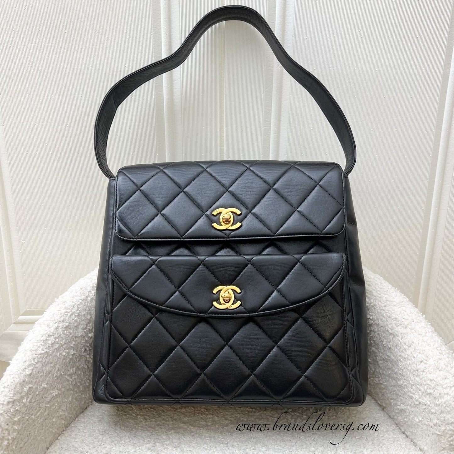 GLM- Double Pocket Shoulder Bag in Black Lambskin and 24K GHW