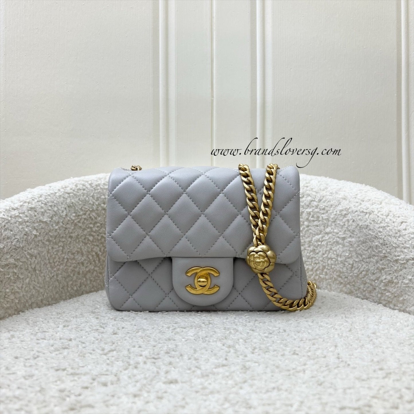 GLM-25P Camellia Crush Adjustable Chain Mini Square Flap in Light Grey Lambskin and AGHW