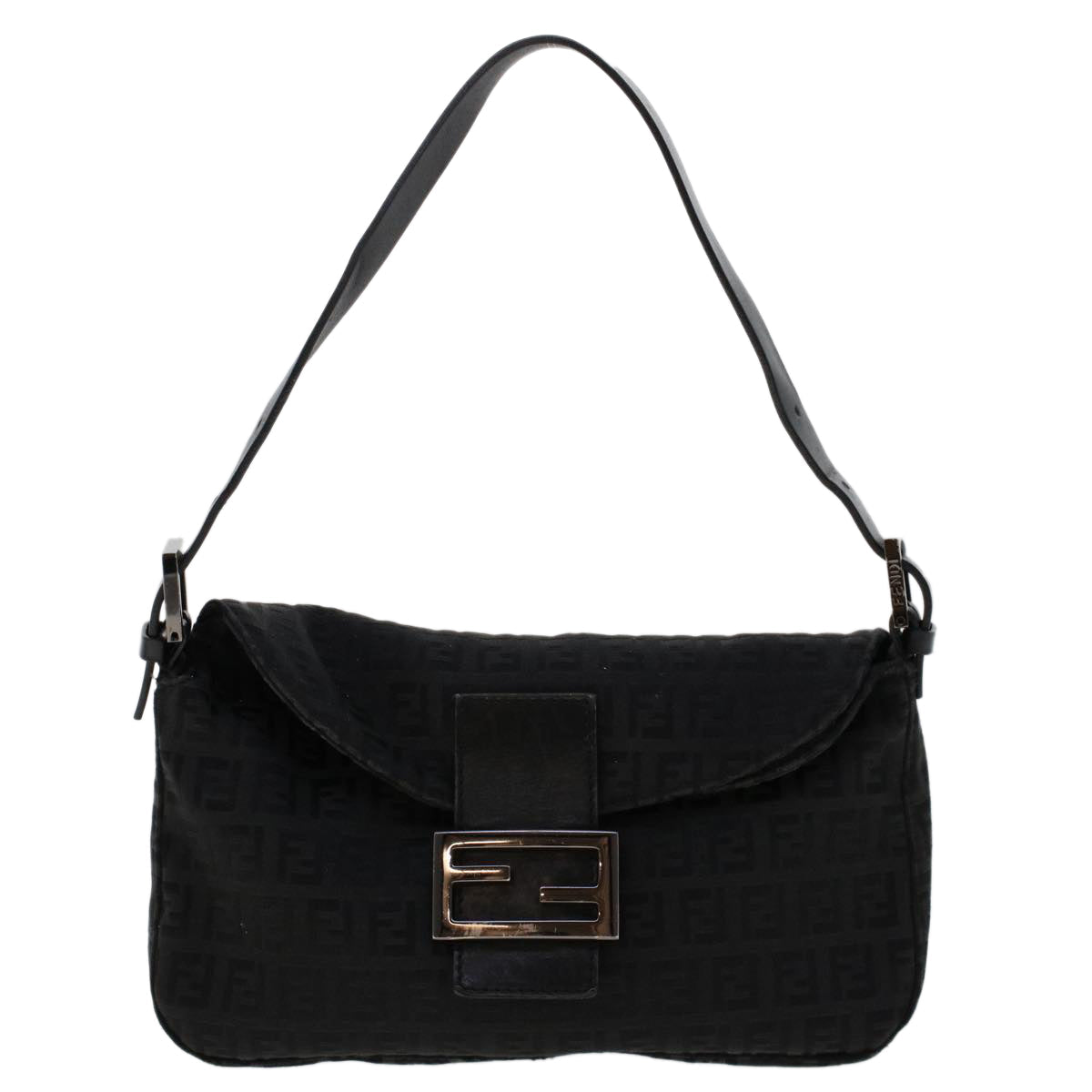 FENDI Zucchino Canvas Mamma Baguette Shoulder Bag Leather Black ep1135