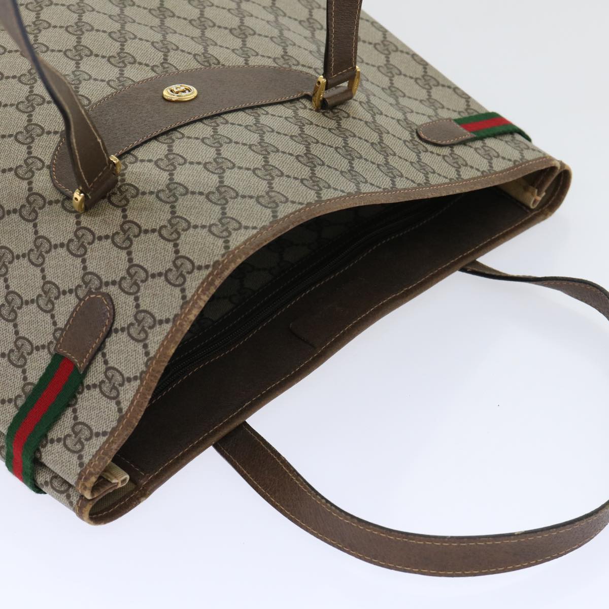 GUCCI GG Canvas Web Sherry Line Tote Bag PVC Leather Beige Red Green ep1333