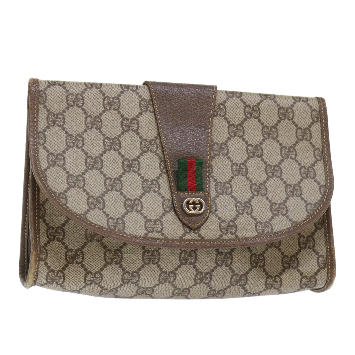GUCCI GG Canvas Web Sherry Line Clutch Bag PVC Leather Beige Red ep1335