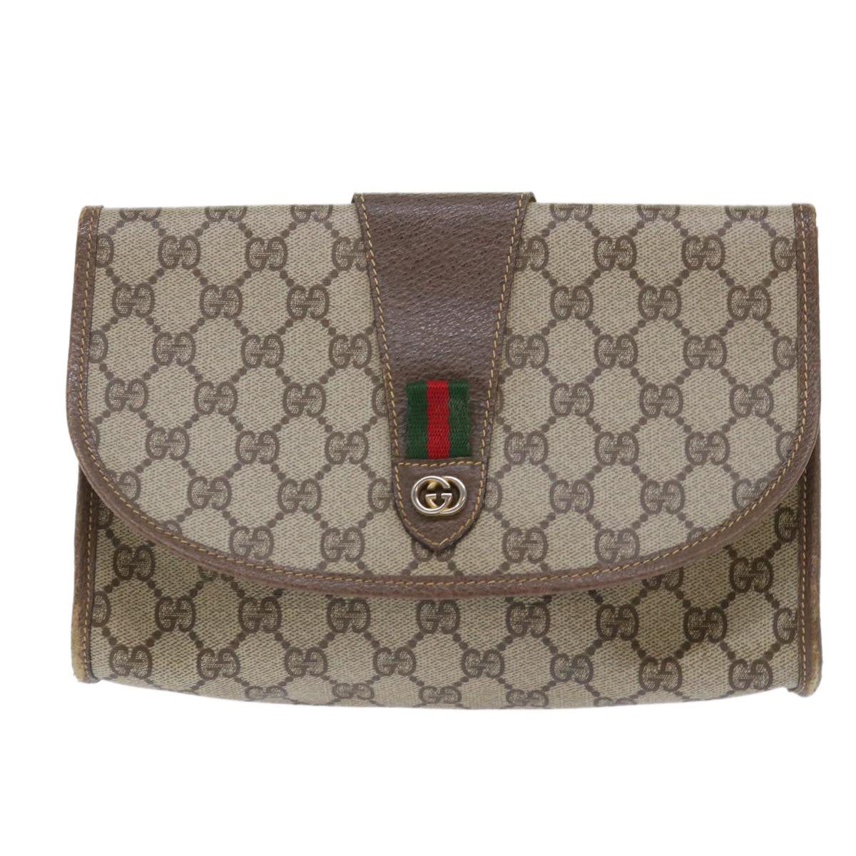 GUCCI GG Canvas Web Sherry Line Clutch Bag PVC Leather Beige Red ep1335