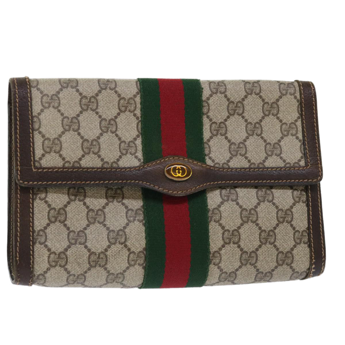 GUCCI GG Canvas Web Sherry Line Clutch Bag PVC Leather Beige Red ep1343
