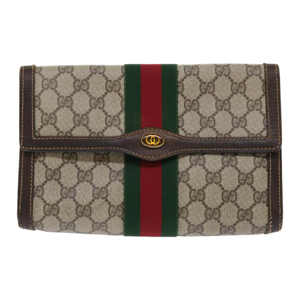 GUCCI GG Canvas Web Sherry Line Clutch Bag PVC Leather Beige Red ep1343
