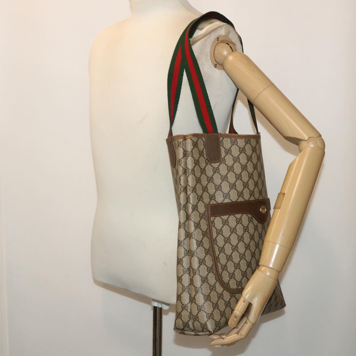 GUCCI GG Canvas Web Sherry Line Tote Bag PVC Leather Beige Red Green ep1387