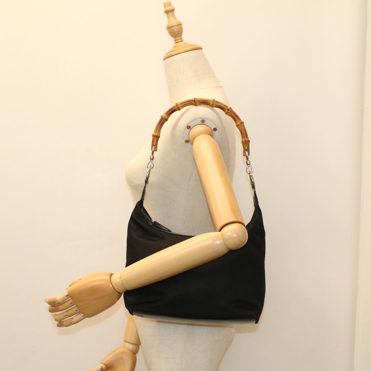 GUCCI Bamboo Shoulder Bag Nylon Black Brown ep1469