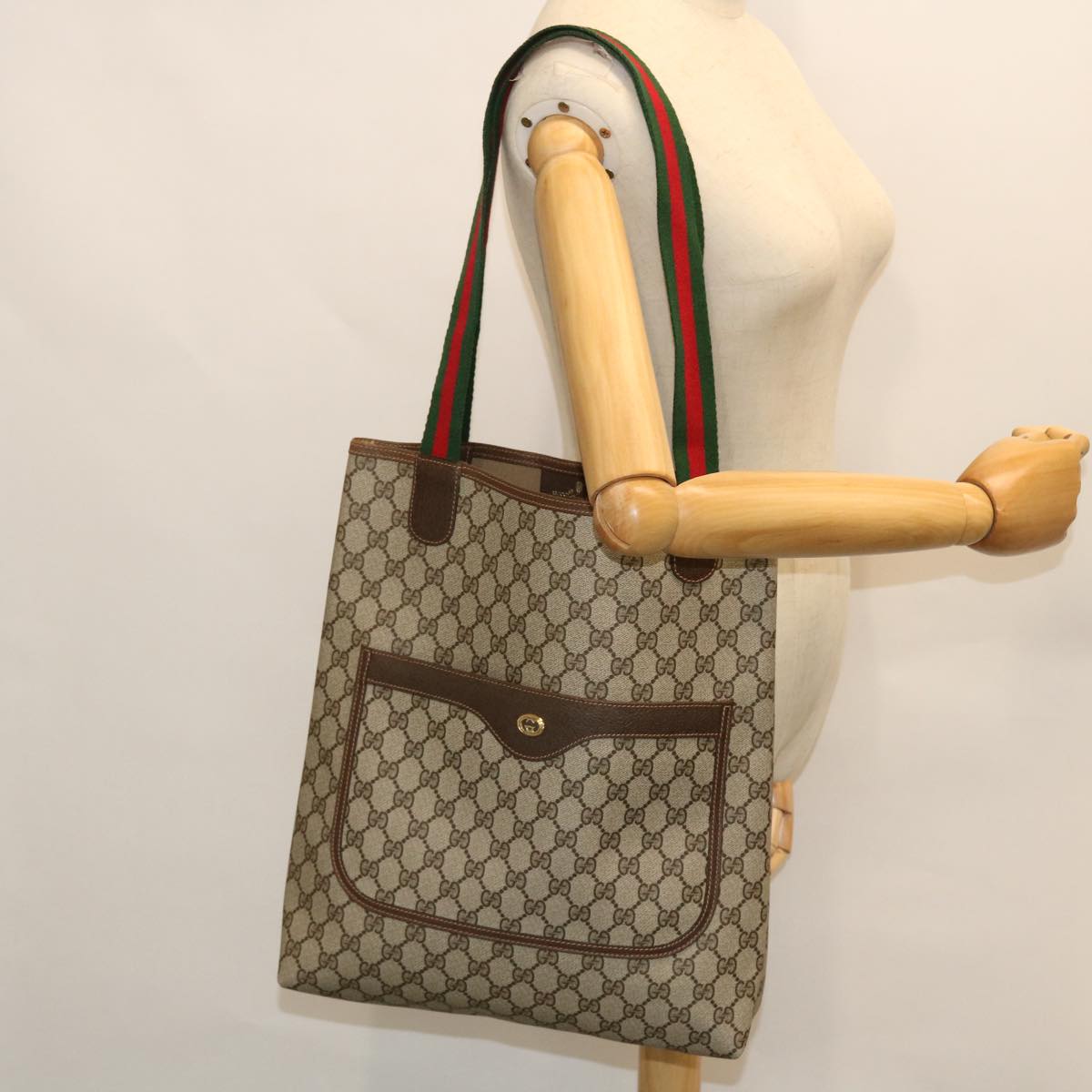 GUCCI GG Canvas Web Sherry Line Tote Bag PVC Leather Beige 40 02 003 ep1554