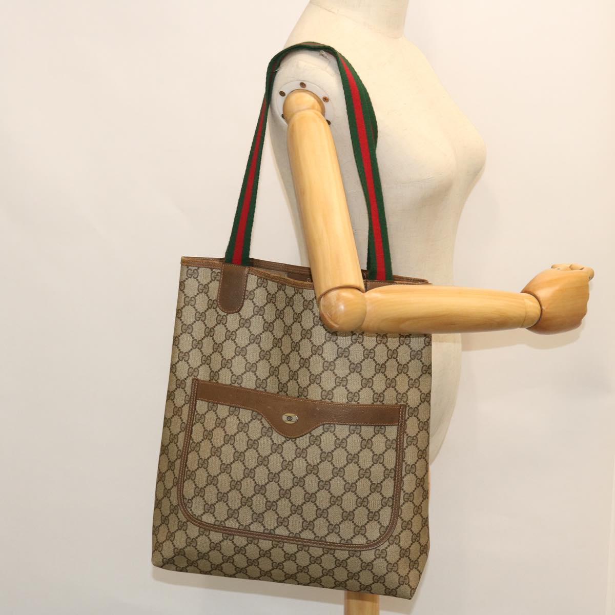 GUCCI GG Canvas Web Sherry Line Tote Bag PVC Leather Beige 39 02 003 ep1555