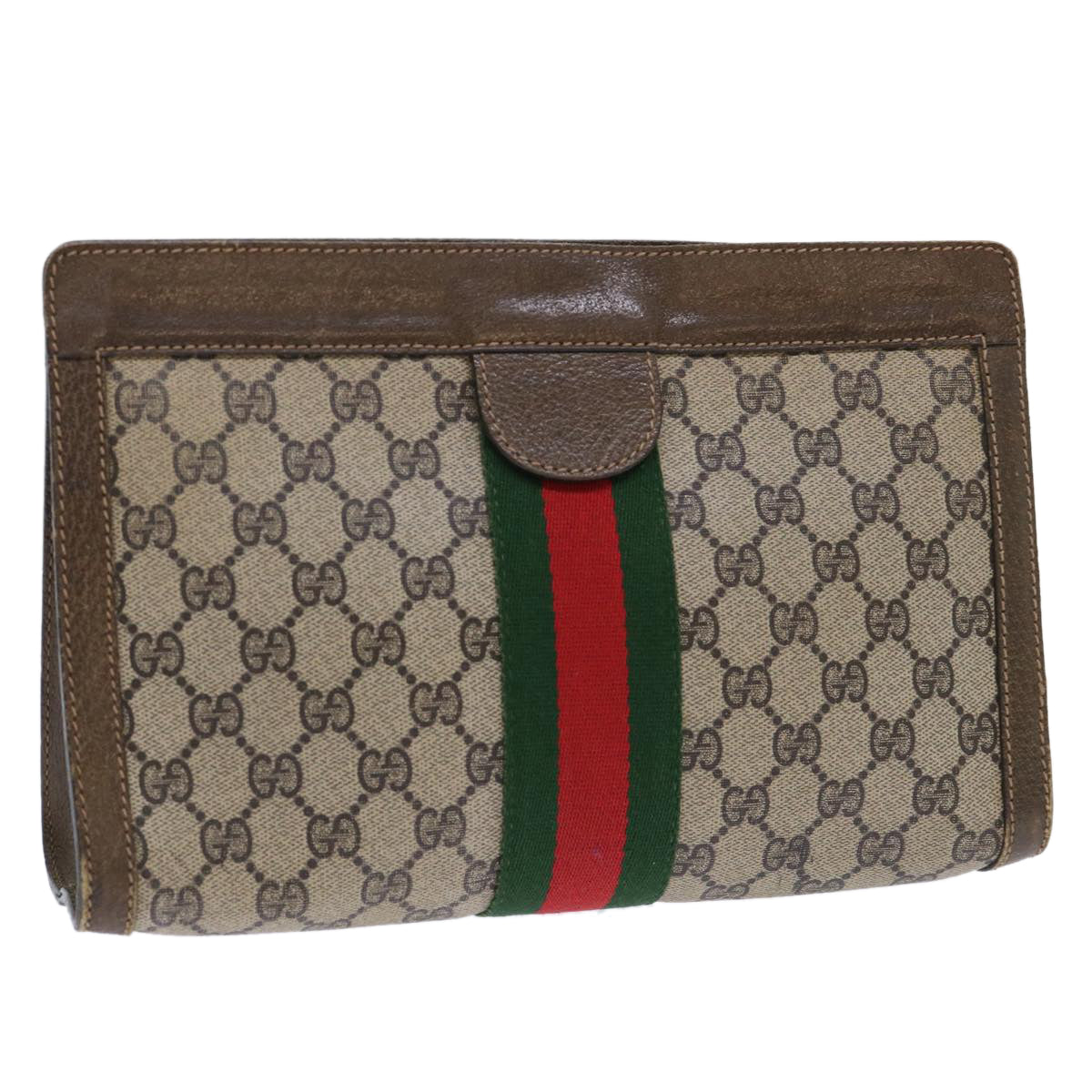 GUCCI GG Canvas Web Sherry Line Clutch Bag PVC Leather Beige Red ep1571