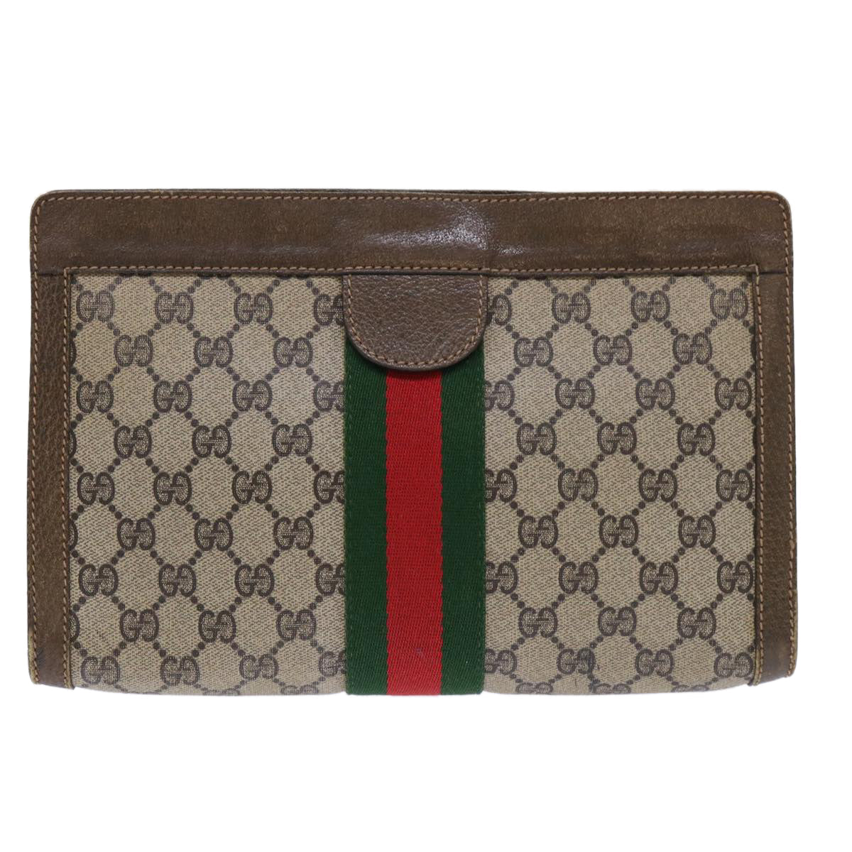 GUCCI GG Canvas Web Sherry Line Clutch Bag PVC Leather Beige Red ep1571