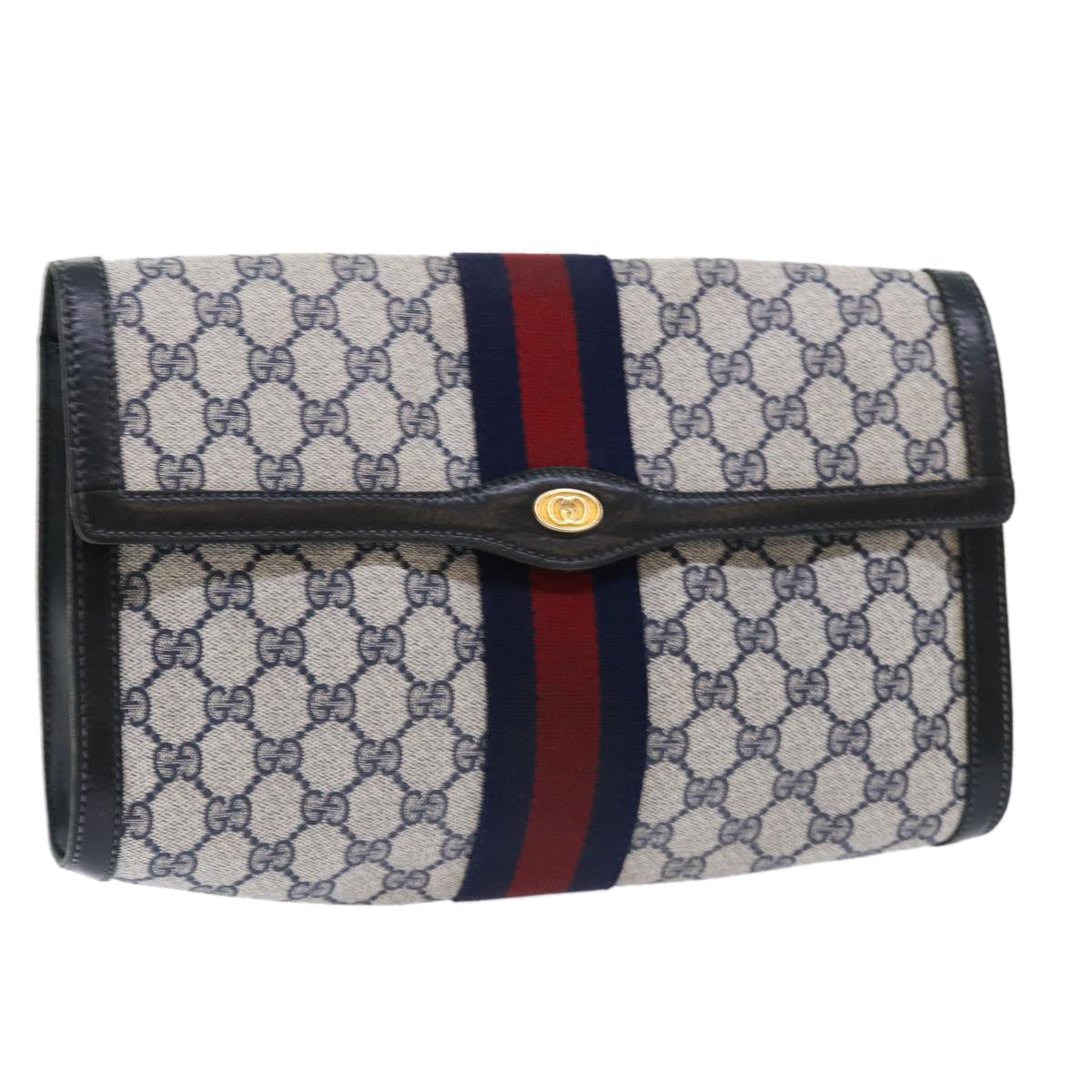 GUCCI GG Canvas Sherry Line Clutch Bag Gray Red Navy 07 014 3087 ep1579