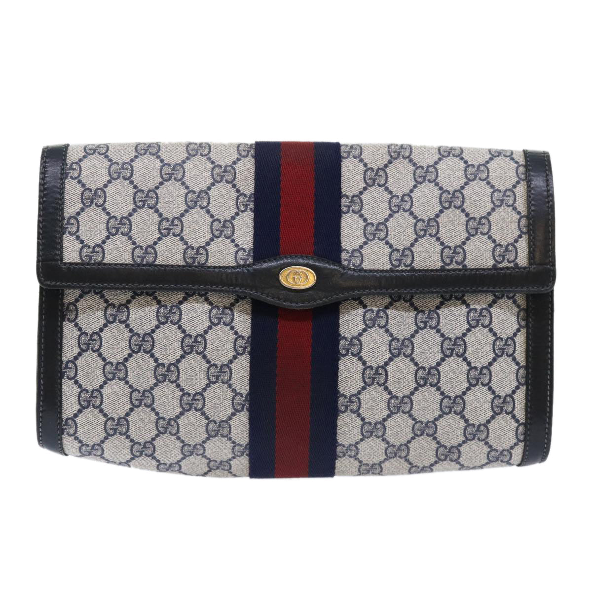 GUCCI GG Canvas Sherry Line Clutch Bag Gray Red Navy 07 014 3087 ep1579