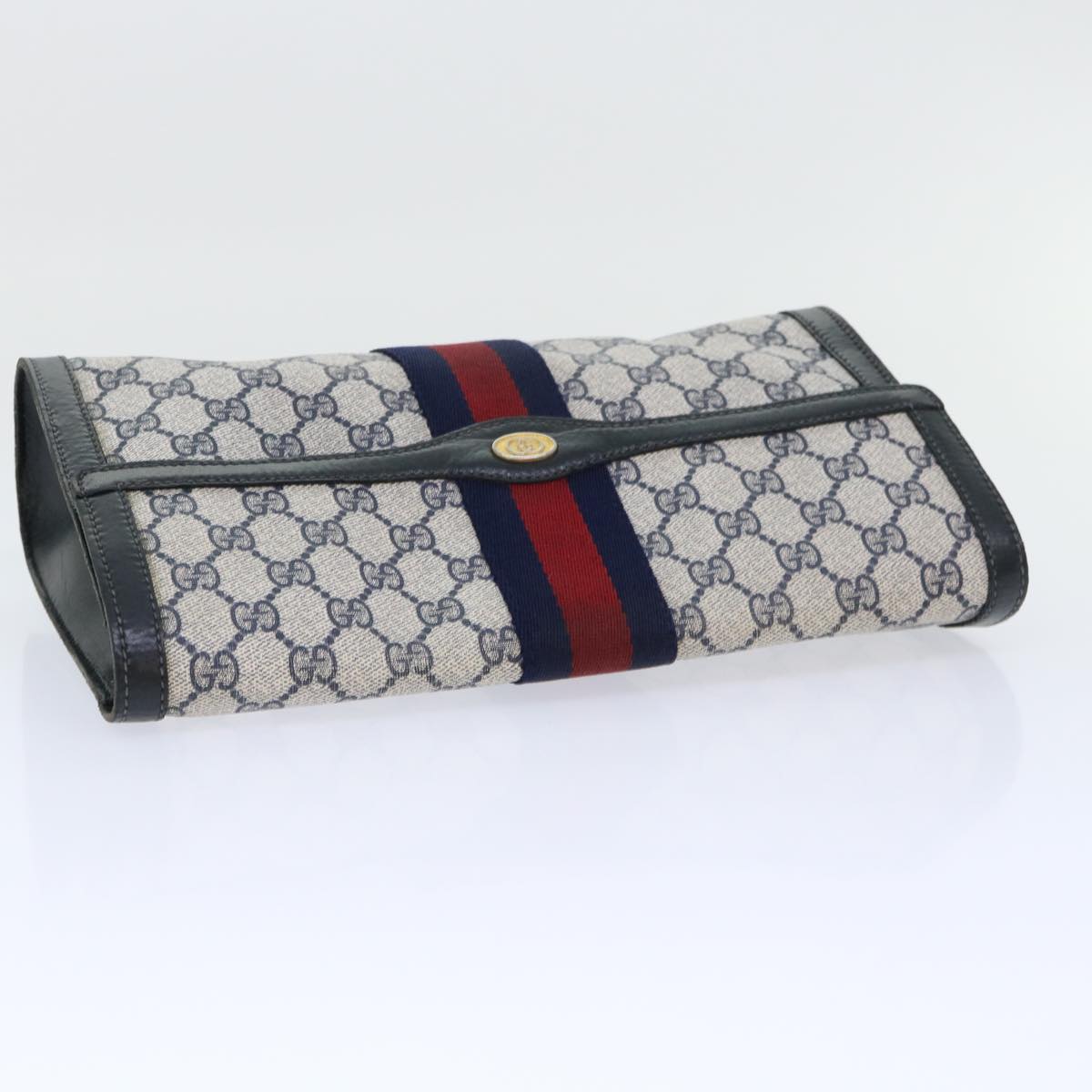 GUCCI GG Canvas Sherry Line Clutch Bag Gray Red Navy 07 014 3087 ep1579