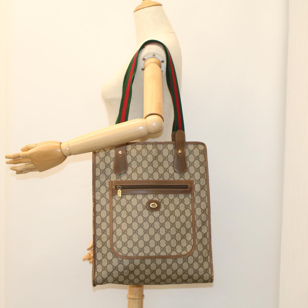 GUCCI GG Canvas Web Sherry Line Tote Bag Beige Red Green 89 02 092 ep1616