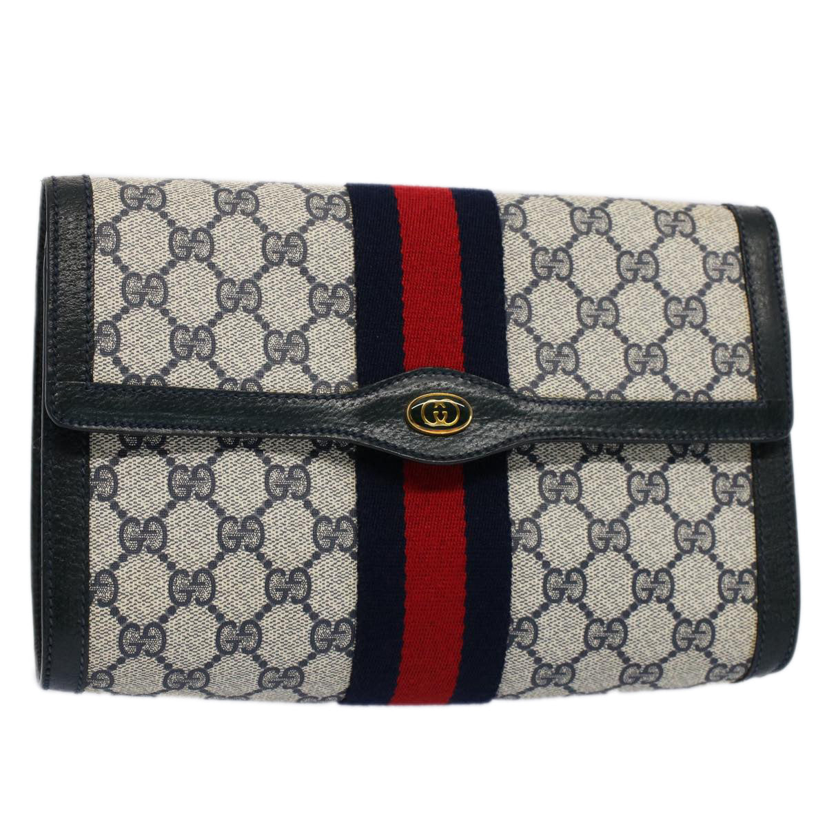 GUCCI GG Canvas Sherry Line Clutch Bag Gray Red Navy 89 01 006 ep1654