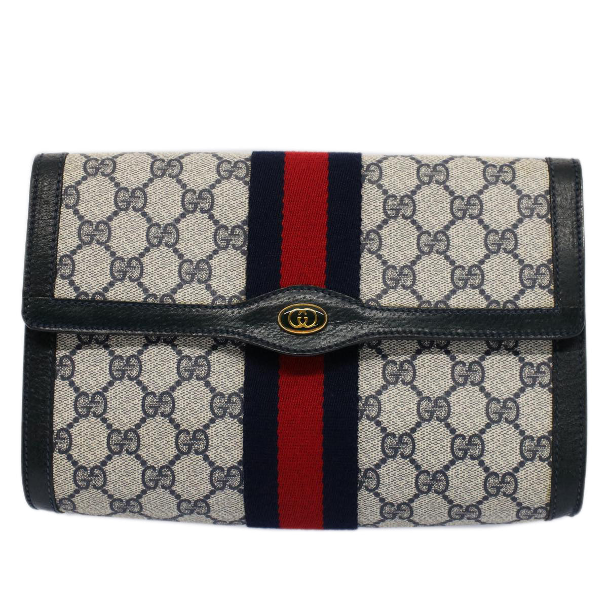 GUCCI GG Canvas Sherry Line Clutch Bag Gray Red Navy 89 01 006 ep1654